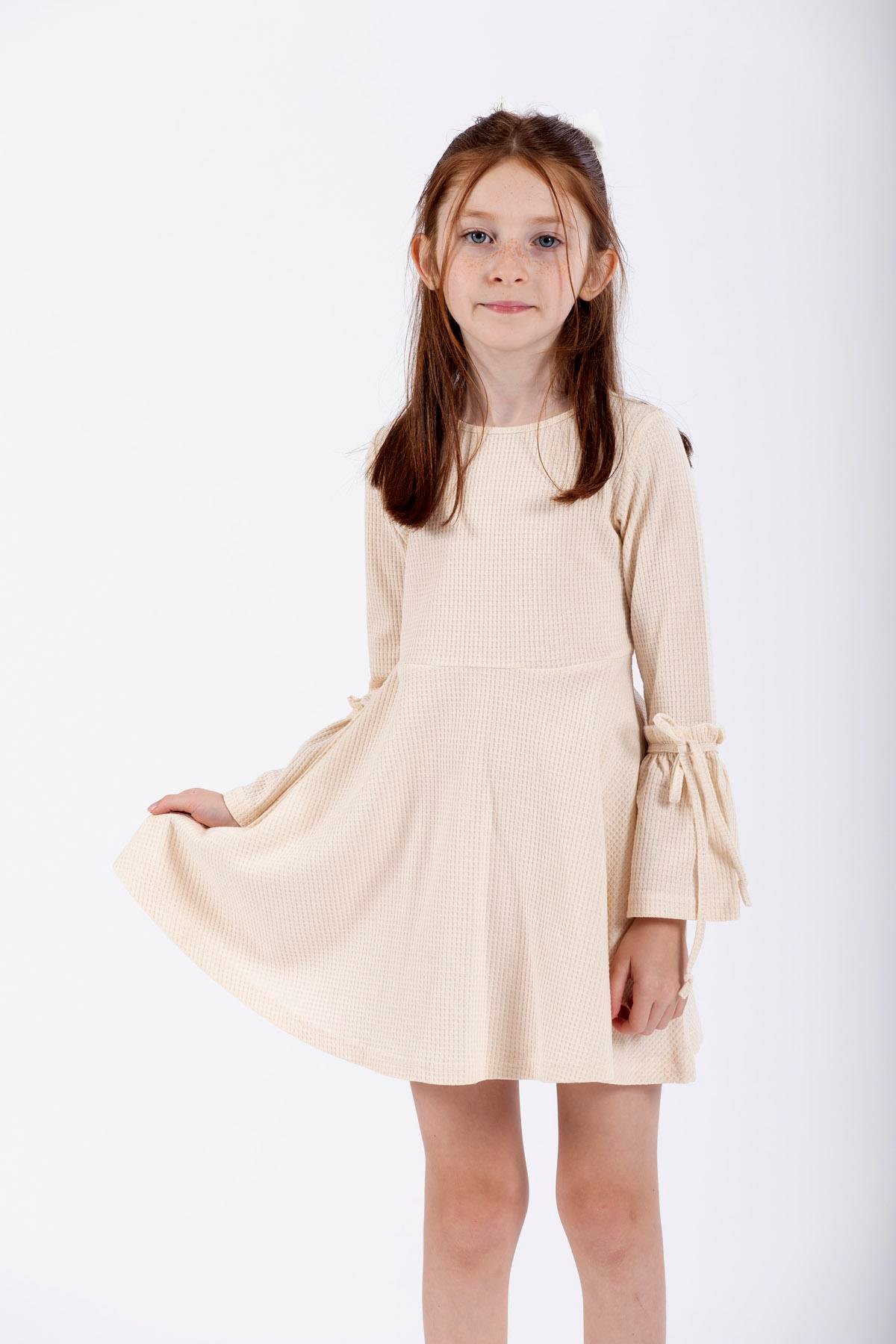 Bisiklet Yaka Uzun Kol Ekru Renk Kız Çocuk Elbıse