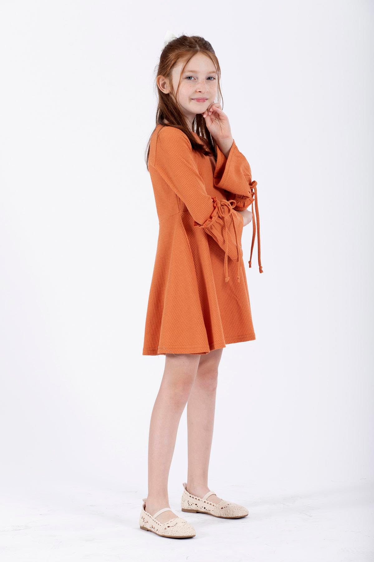 Bisiklet Yaka Uzun Kol Kiremit Renk Kız Çocuk Elbıse