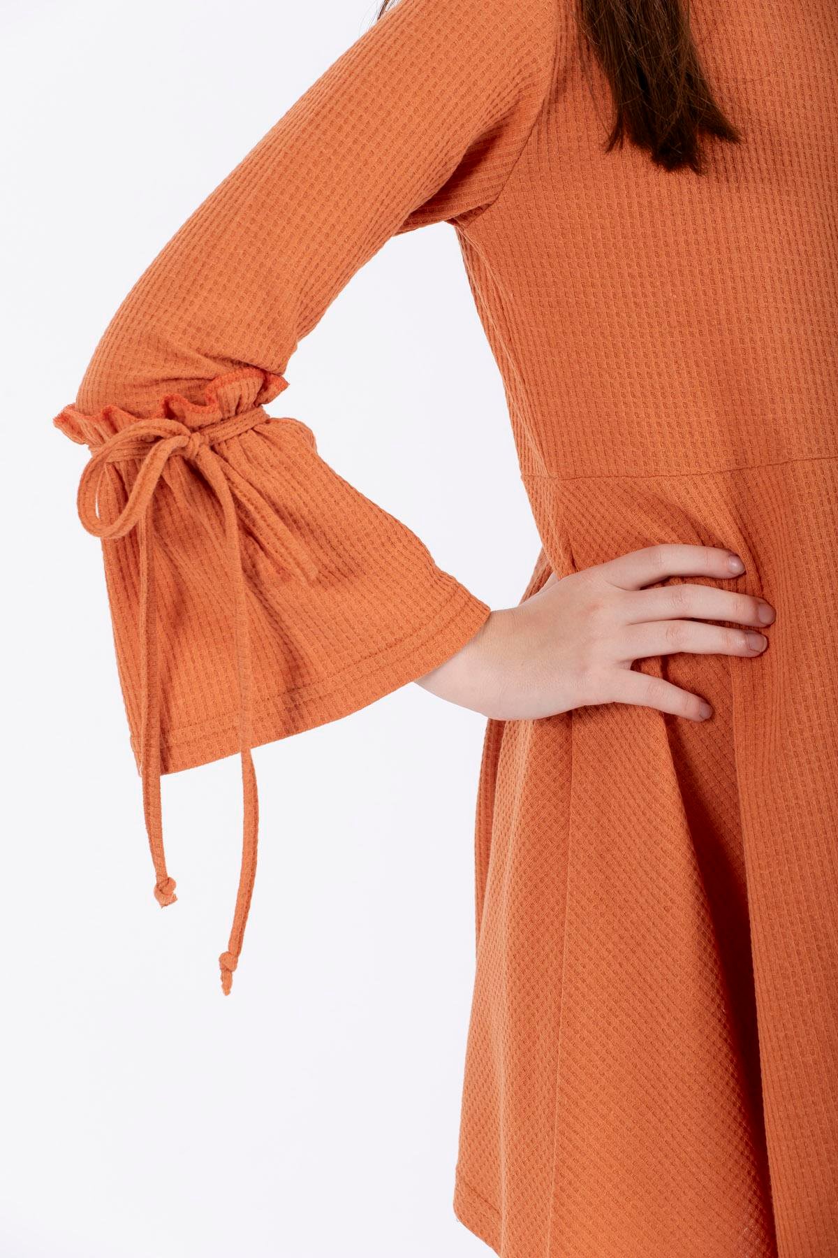 Bisiklet Yaka Uzun Kol Kiremit Renk Kız Çocuk Elbıse