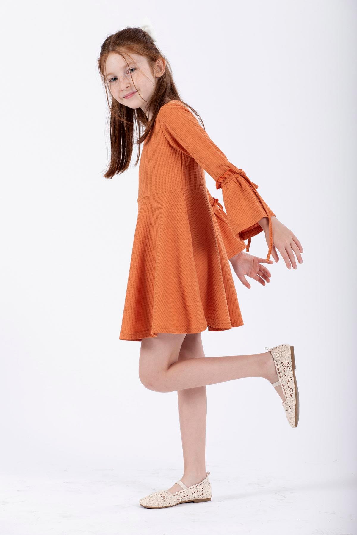 Bisiklet Yaka Uzun Kol Kiremit Renk Kız Çocuk Elbıse