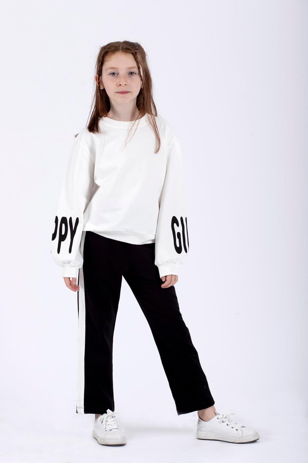 Bisiklet Yaka Uzun Kol Kolları Happy Gırl Baskılı Ekru Renk Kız Çocuk Ikılı Takım