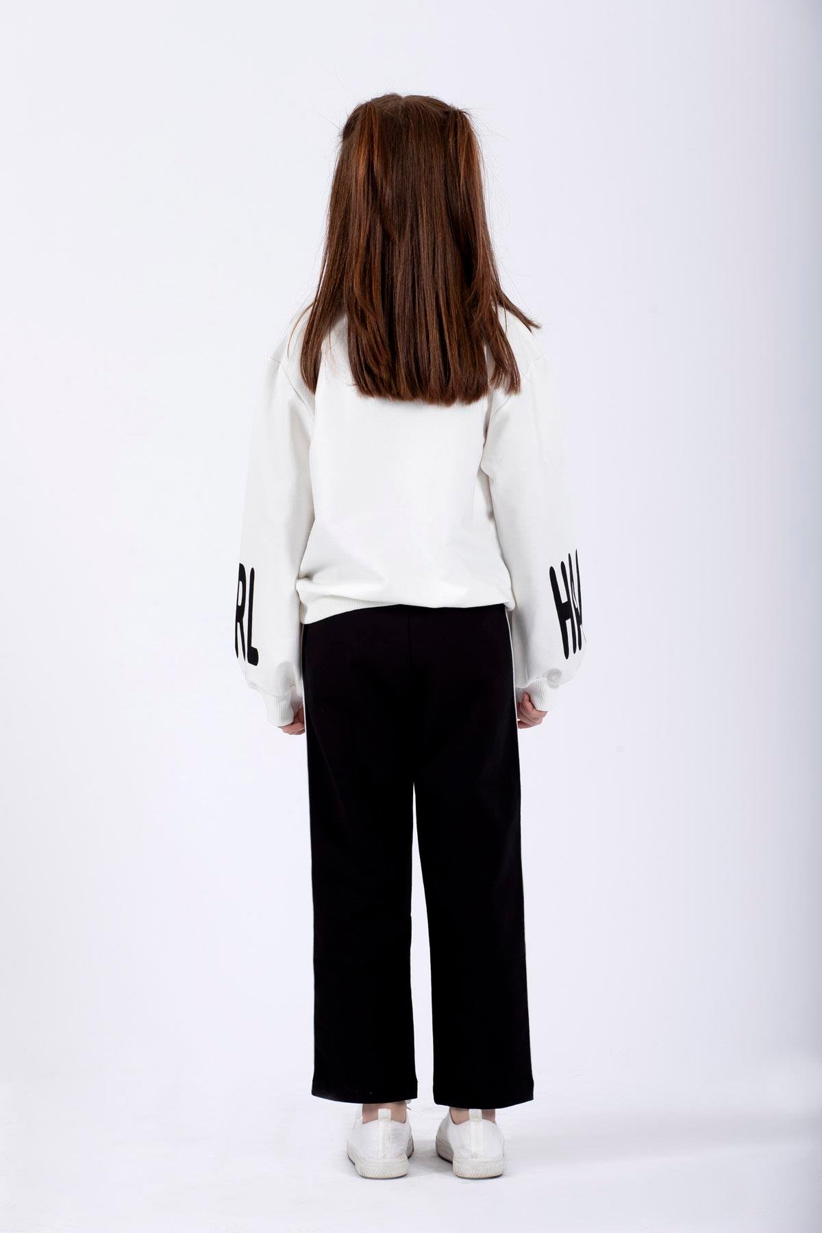 Bisiklet Yaka Uzun Kol Kolları Happy Gırl Baskılı Ekru Renk Kız Çocuk Ikılı Takım