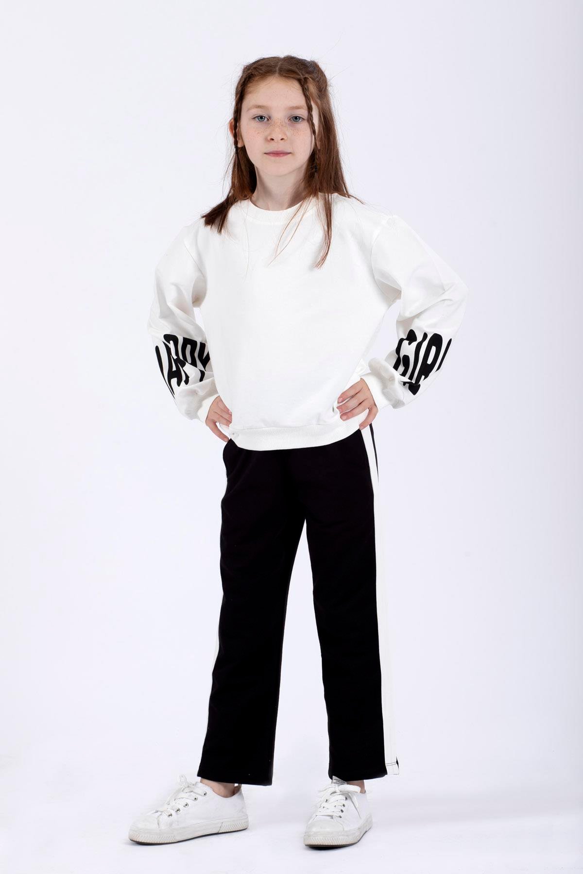 Bisiklet Yaka Uzun Kol Kolları Happy Gırl Baskılı Ekru Renk Kız Çocuk Ikılı Takım