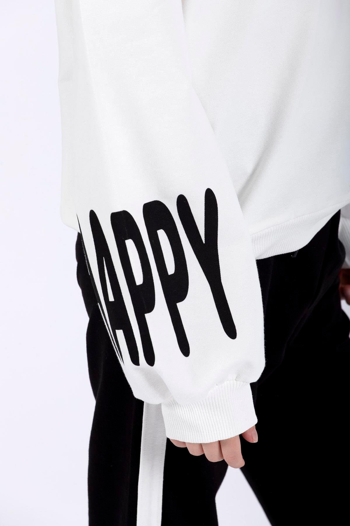 Bisiklet Yaka Uzun Kol Kolları Happy Gırl Baskılı Ekru Renk Kız Çocuk Ikılı Takım