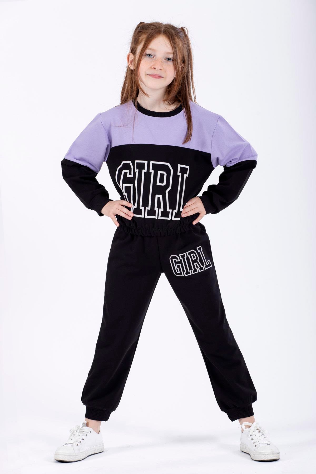 Bisiklet Yaka Uzun Kol Lila Renk Kız Çocuk Esofman Takım