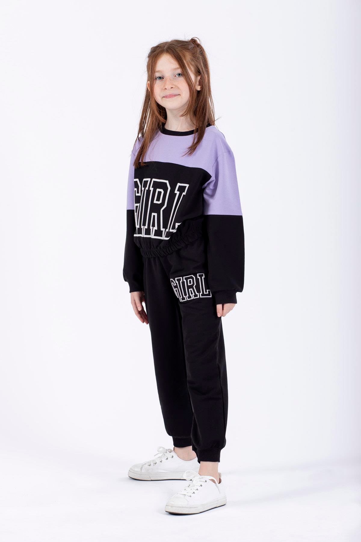 Bisiklet Yaka Uzun Kol Lila Renk Kız Çocuk Esofman Takım