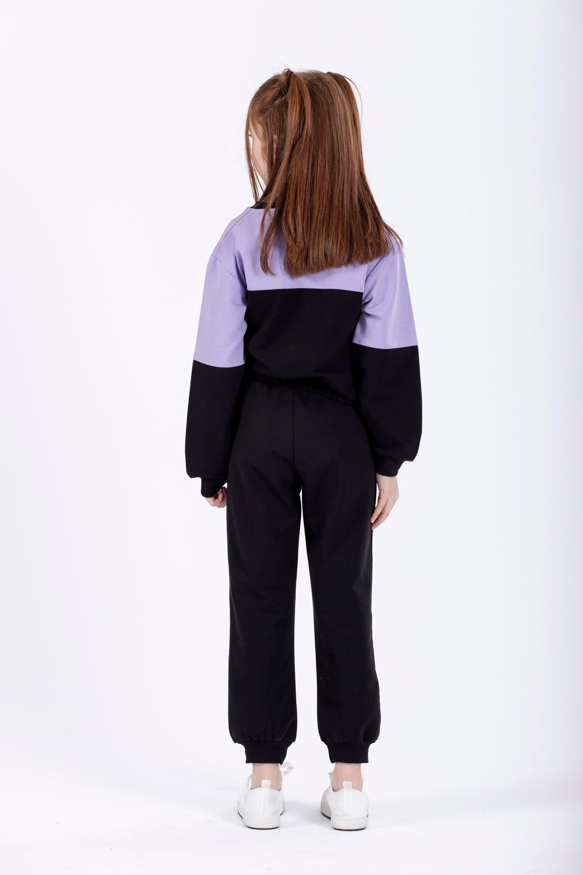 Bisiklet Yaka Uzun Kol Lila Renk Kız Çocuk Esofman Takım