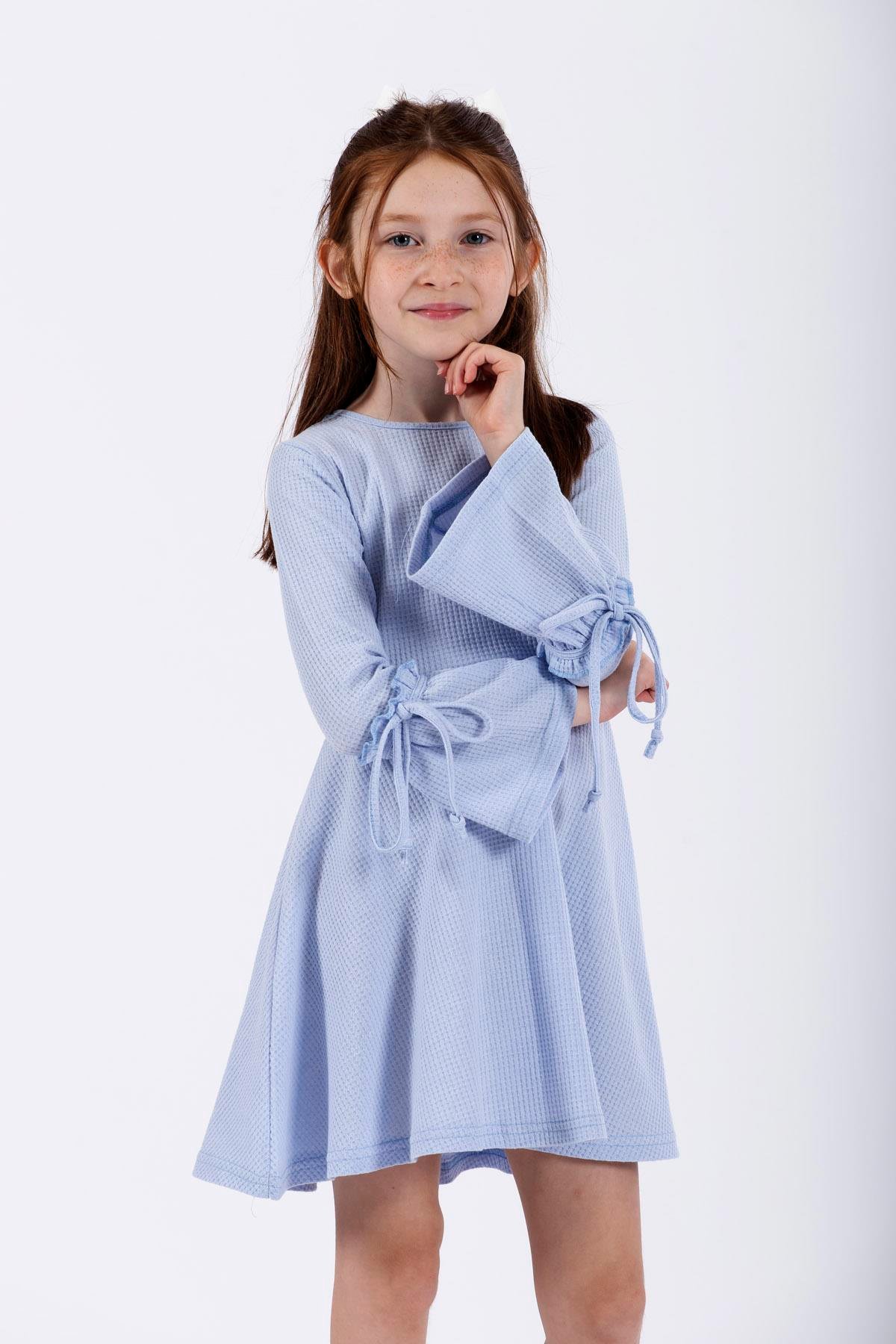 Bisiklet Yaka Uzun Kol Mavi Renk Kız Çocuk Elbıse