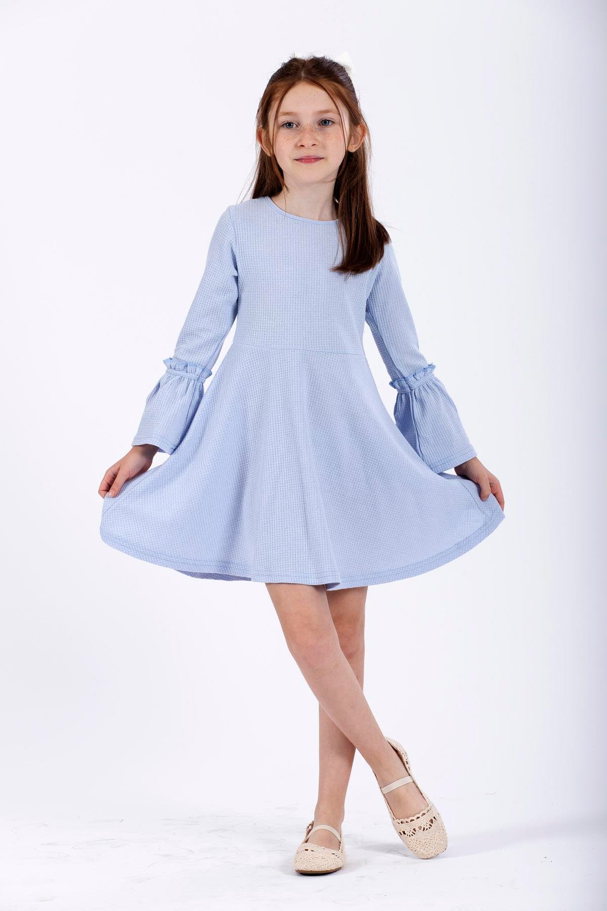 Bisiklet Yaka Uzun Kol Mavi Renk Kız Çocuk Elbıse