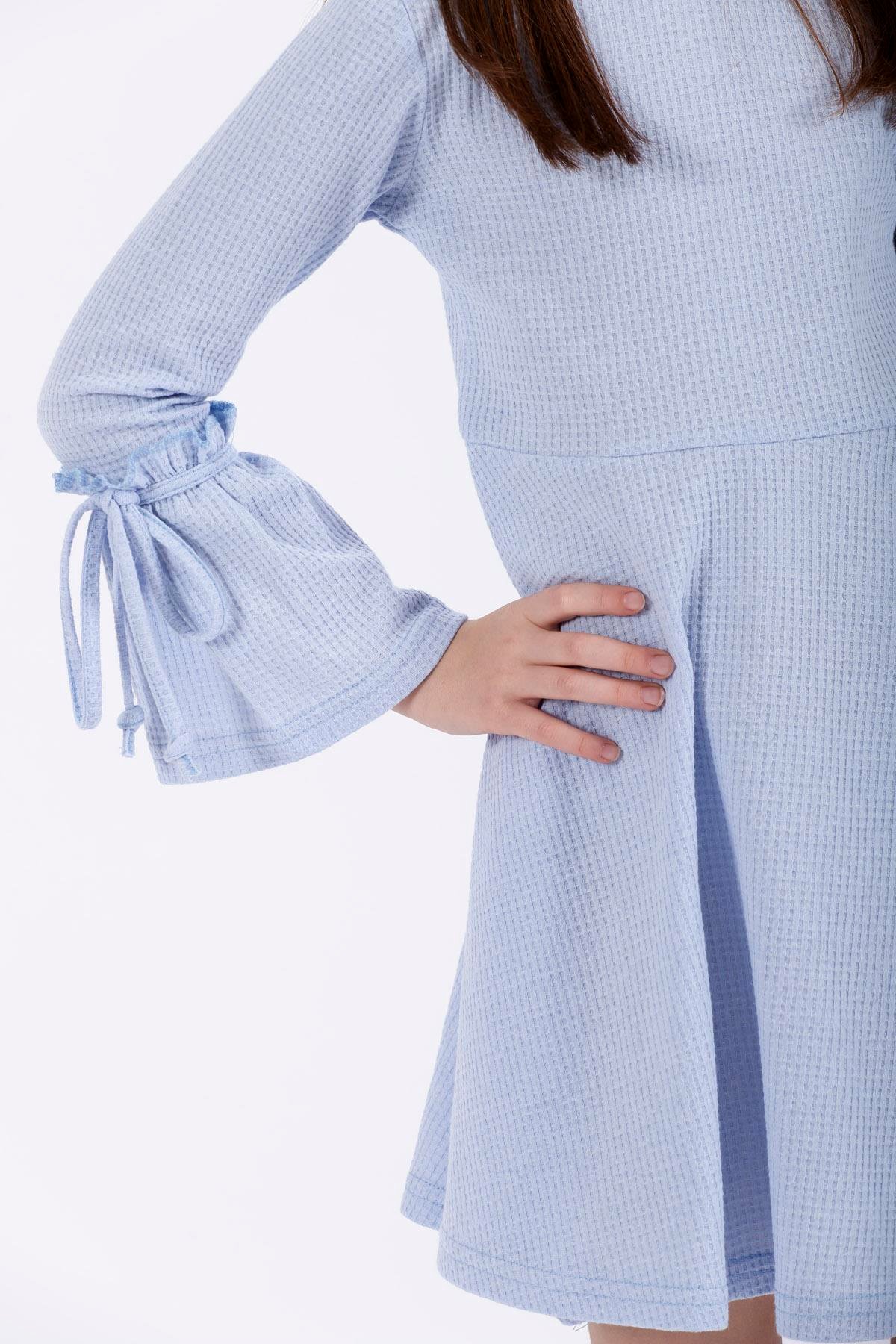 Bisiklet Yaka Uzun Kol Mavi Renk Kız Çocuk Elbıse