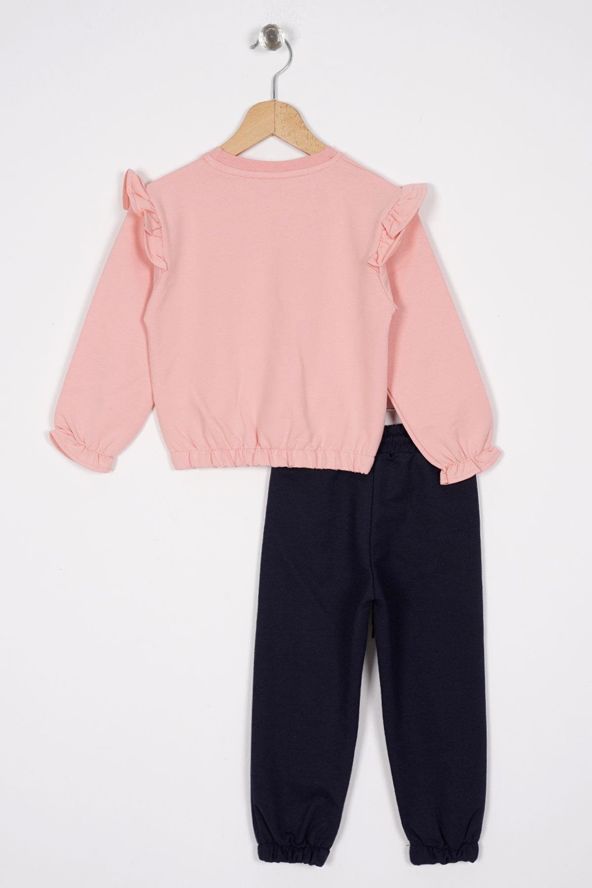 Bisiklet Yaka Uzun Kol Pantolonu Dikiş Detaylı Somon Lacıvert Renk Kız Cocuk Esofman Takım