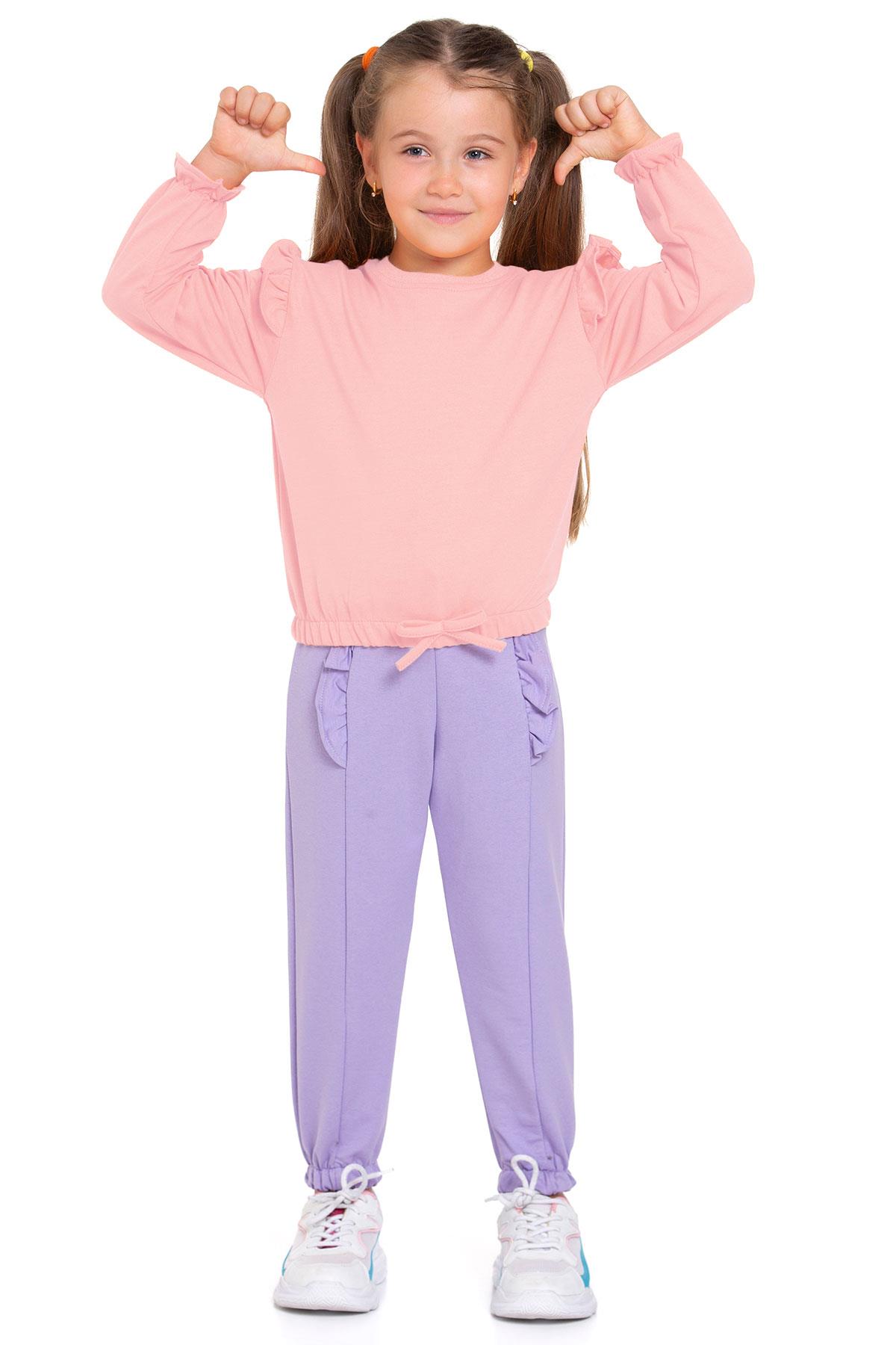Bisiklet Yaka Uzun Kol Pantolonu Dikiş Detaylı Somon Lıla Renk Kız Cocuk Esofman Takım