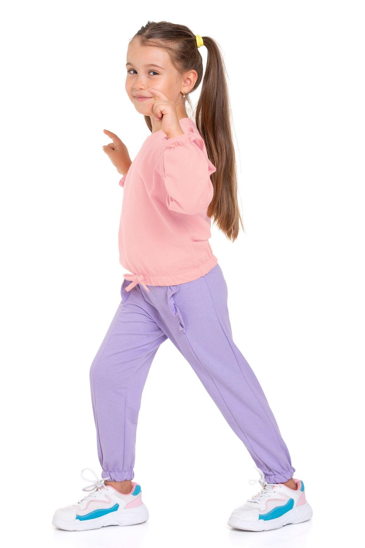 Bisiklet Yaka Uzun Kol Pantolonu Dikiş Detaylı Somon Lıla Renk Kız Cocuk Esofman Takım