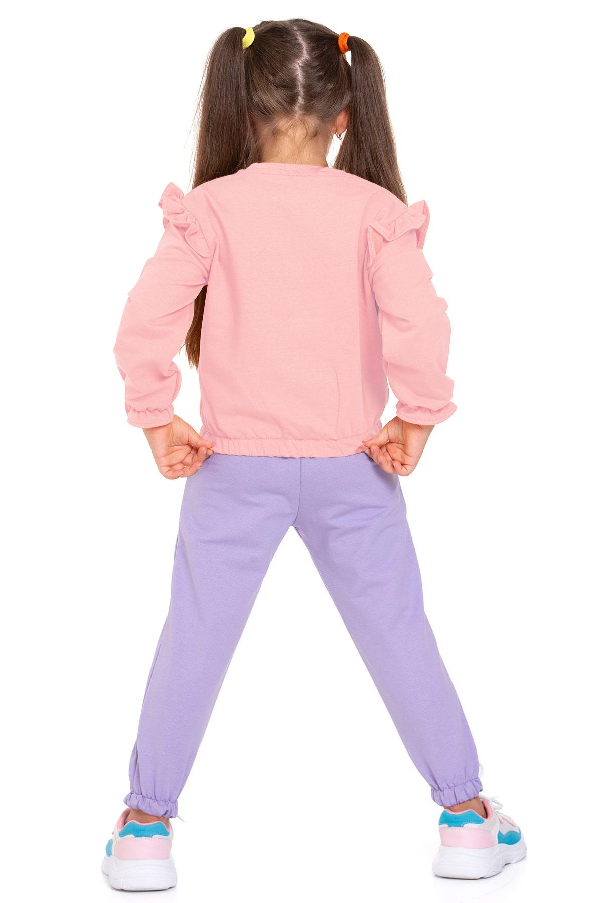 Bisiklet Yaka Uzun Kol Pantolonu Dikiş Detaylı Somon Lıla Renk Kız Cocuk Esofman Takım