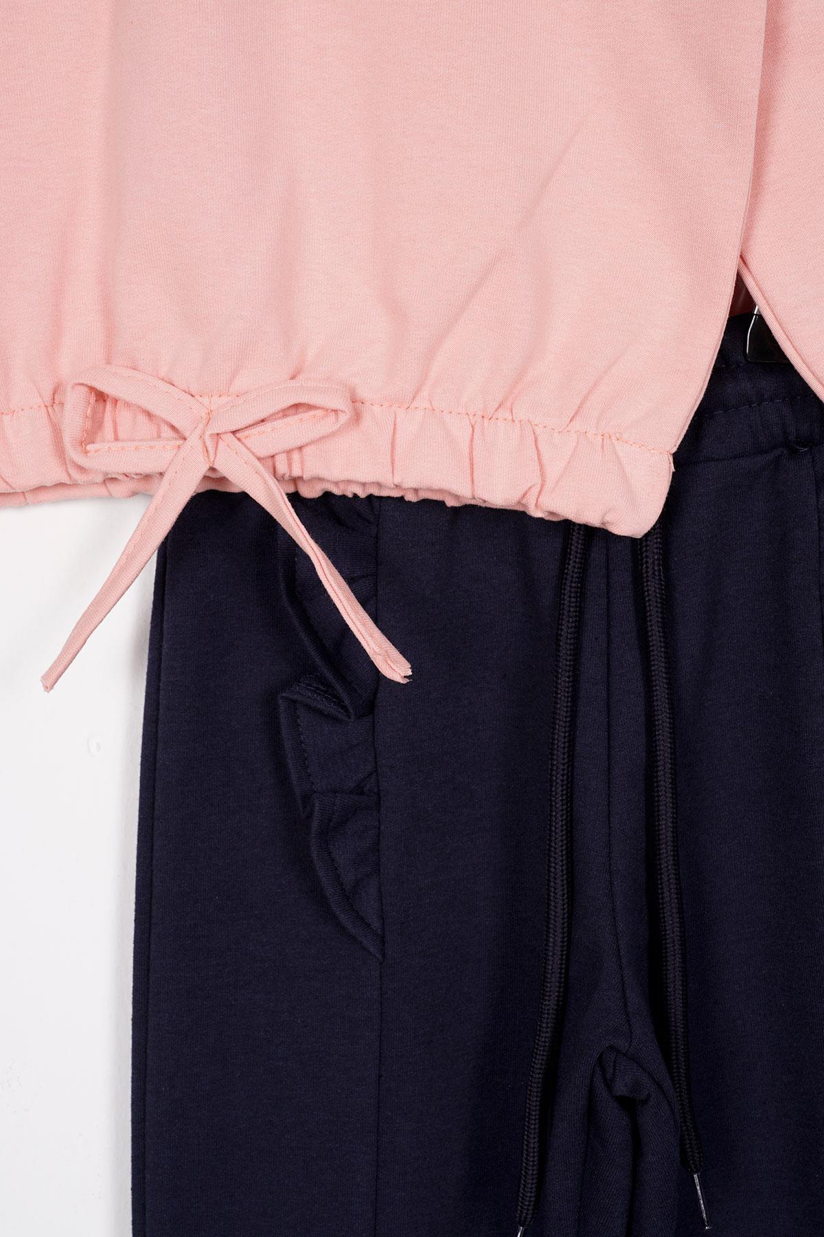 Bisiklet Yaka Uzun Kol Pantolonu Dikiş Detaylı Somon Lacıvert Renk Kız Cocuk Esofman Takım