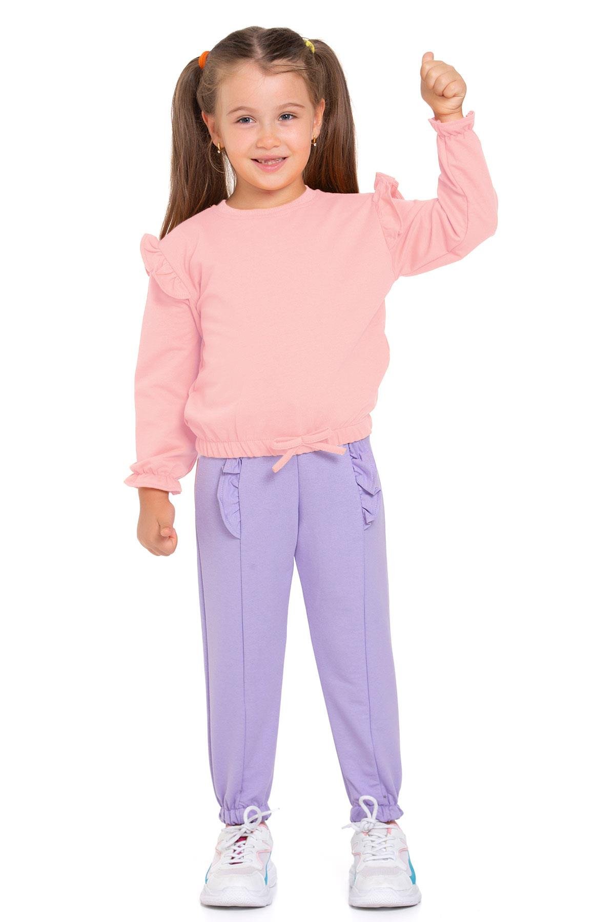 Bisiklet Yaka Uzun Kol Pantolonu Dikiş Detaylı Somon Lıla Renk Kız Cocuk Esofman Takım