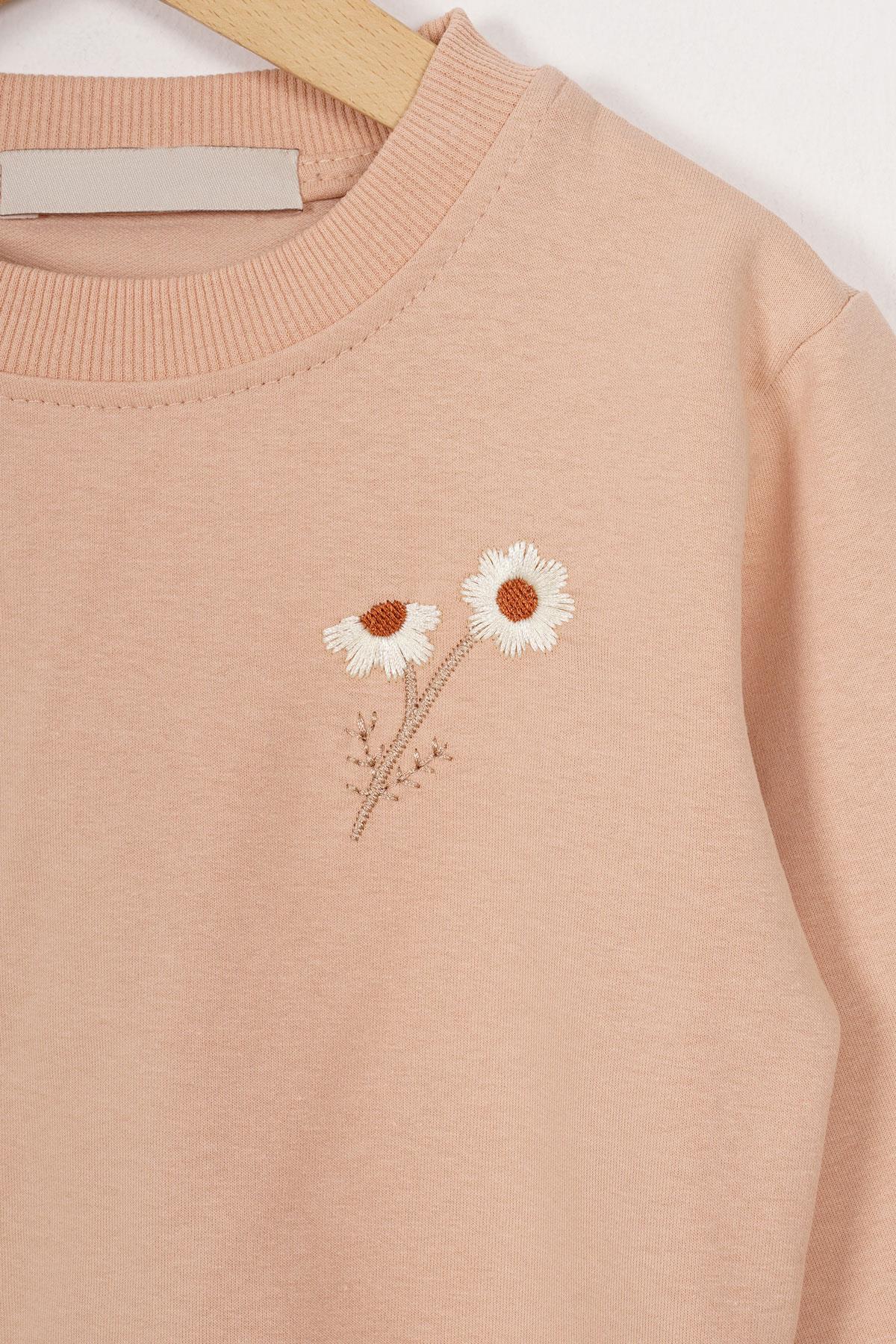 Bisiklet Yaka Uzun Kol Papatya Nakıslı Bej Renk Kız Çocuk Esofman Takım