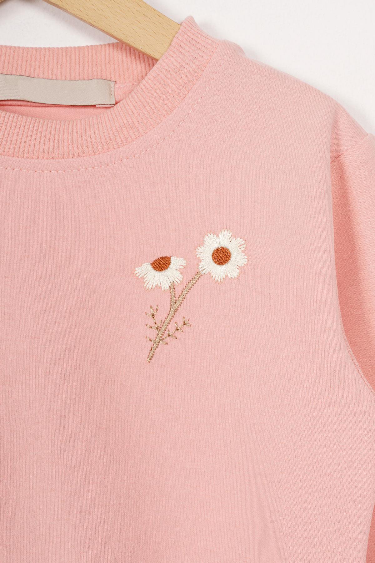 Bisiklet Yaka Uzun Kol Papatya Nakıslı Pudra Renk Kız Çocuk Esofman Takım