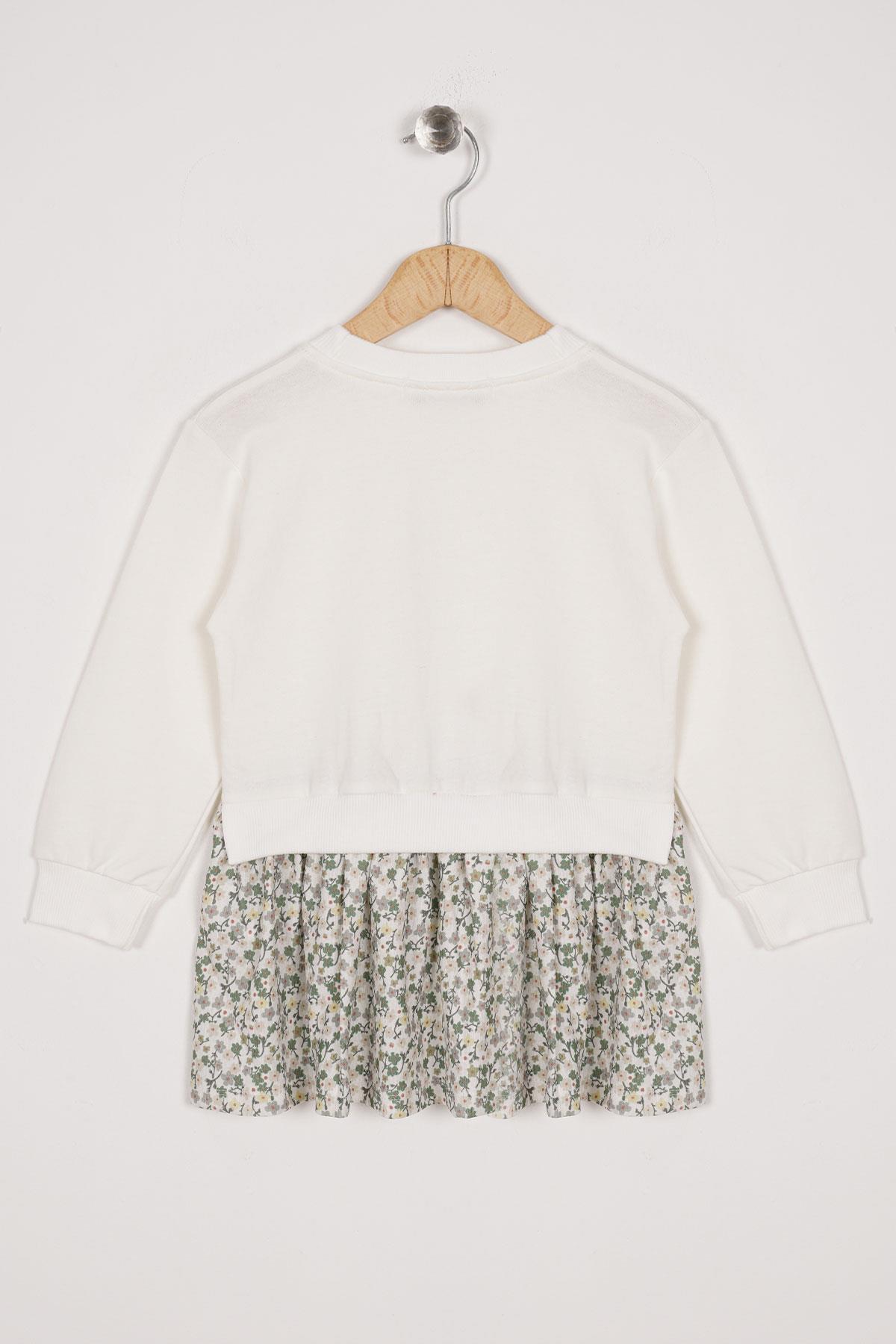 Bisiklet Yaka Uzun Kol Tavsan Baskılı Ekru Renk Kız Çocuk Etekli Takım