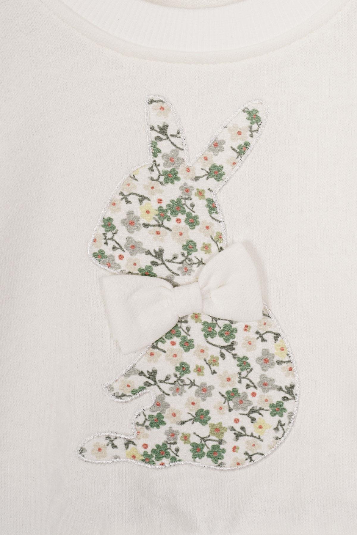 Bisiklet Yaka Uzun Kol Tavsan Baskılı Ekru Renk Kız Çocuk Etekli Takım