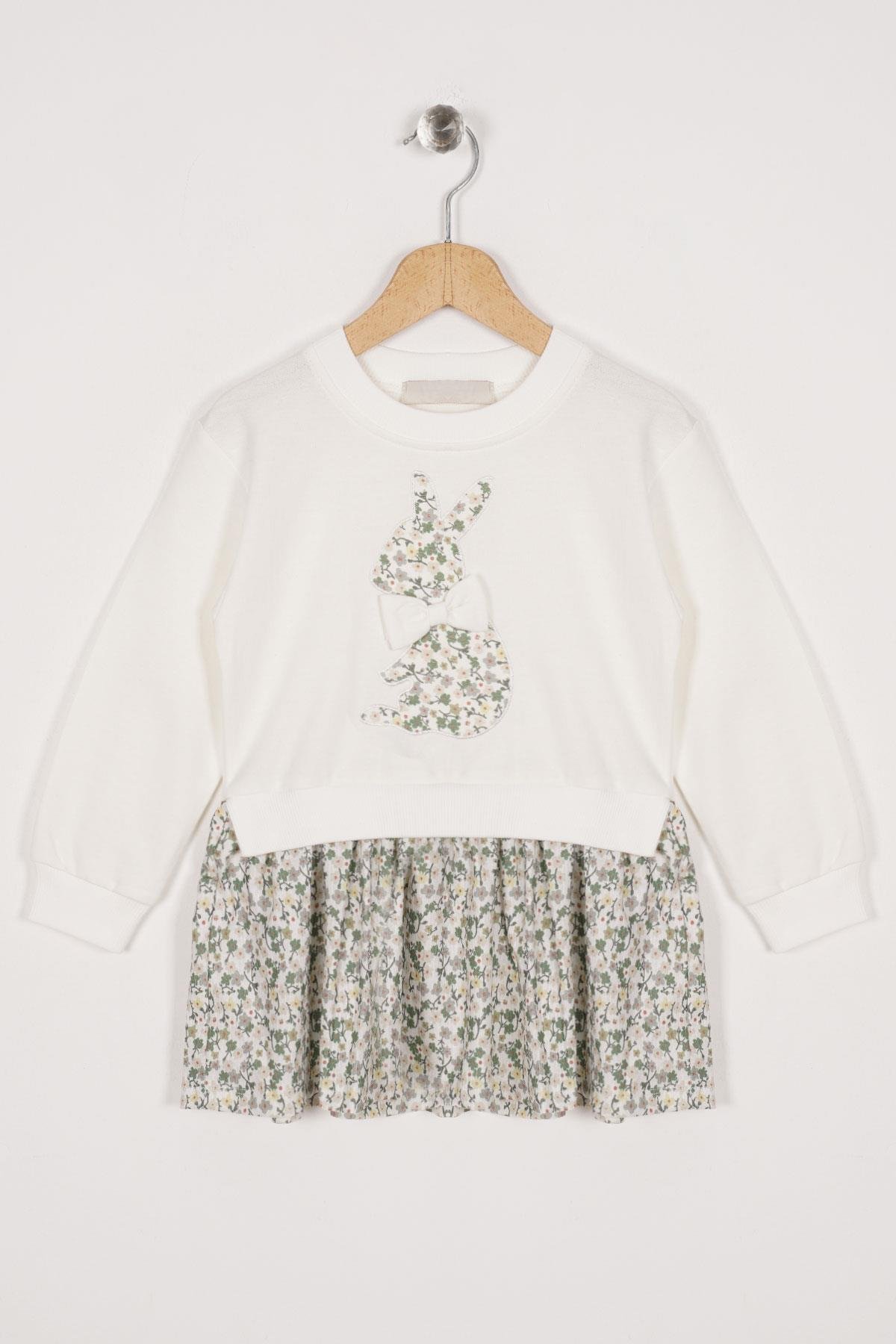 Bisiklet Yaka Uzun Kol Tavsan Baskılı Ekru Renk Kız Çocuk Etekli Takım