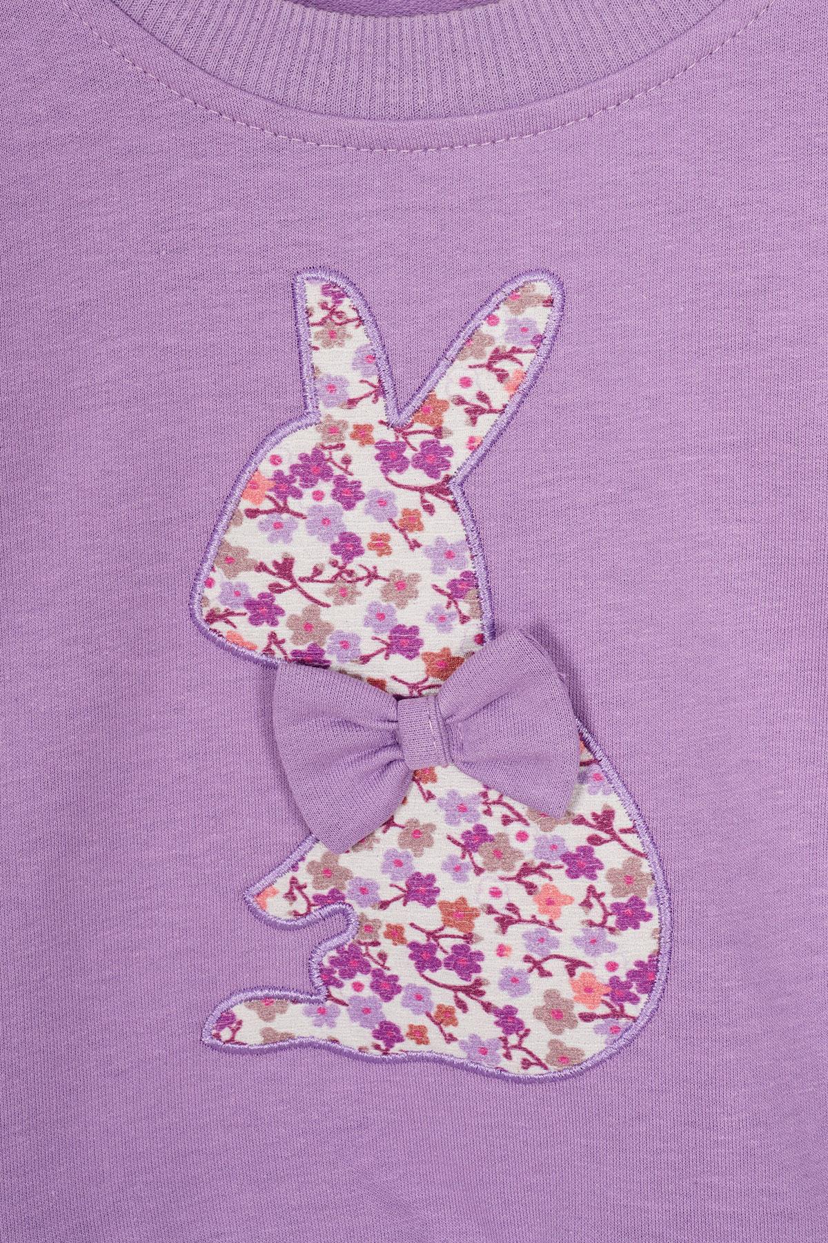 Bisiklet Yaka Uzun Kol Tavsan Baskılı Lila Renk Kız Çocuk Etekli Takım