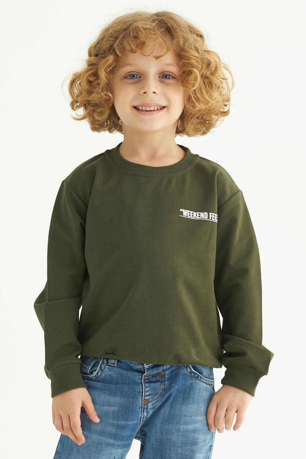 Bisiklet Yaka Uzun Kol Weekend Feel Baskılı Haki Renk Erkek Çocuk Sweatshirt