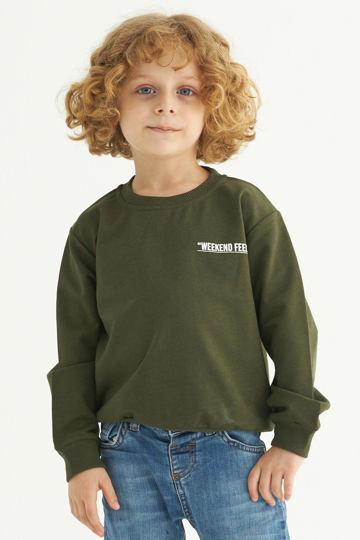 Bisiklet Yaka Uzun Kol Weekend Feel Baskılı Haki Renk Erkek Çocuk Sweatshirt