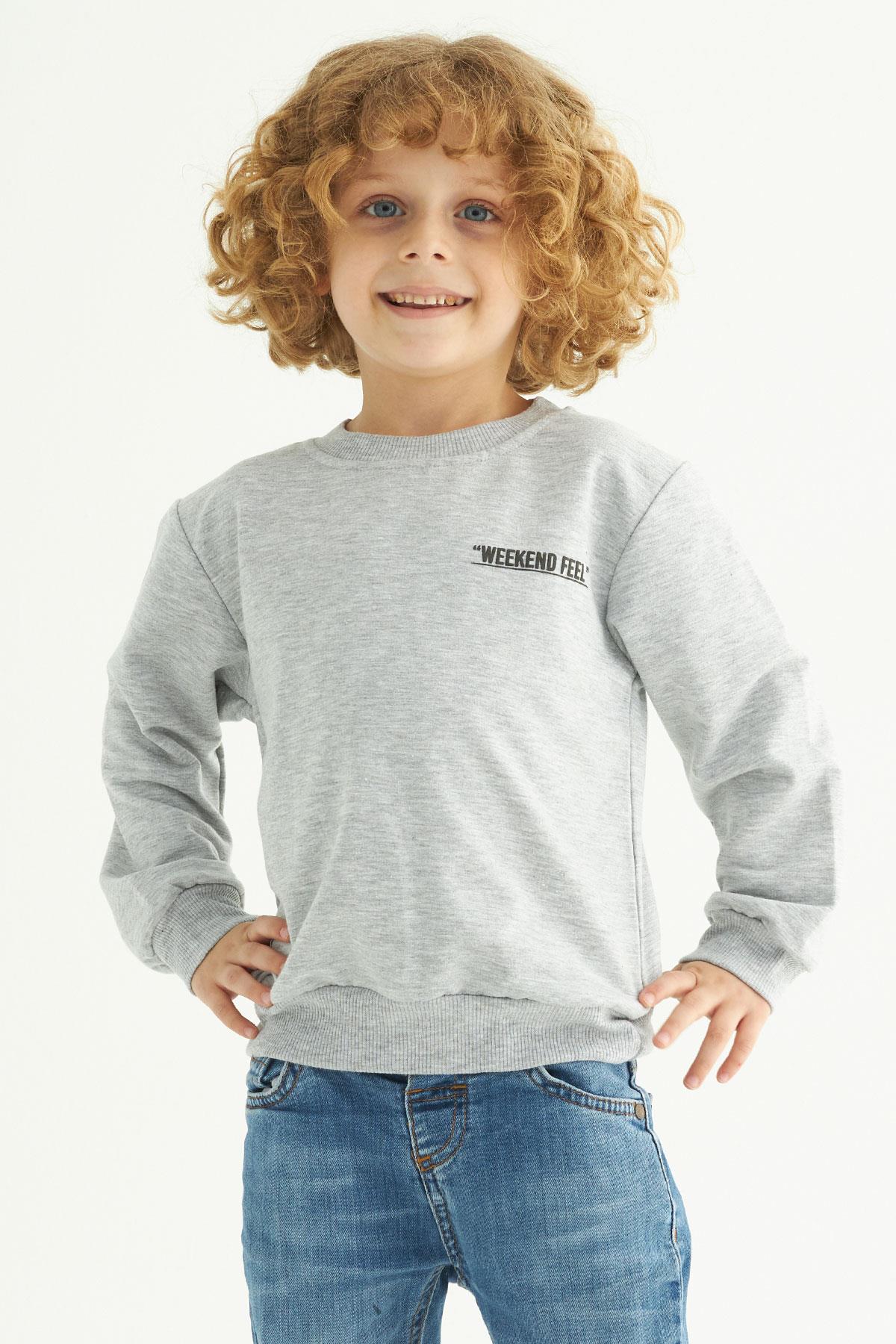 Bisiklet Yaka Uzun Kol Weekend Feel Baskılı Gri Renk Erkek Çocuk Sweatshirt