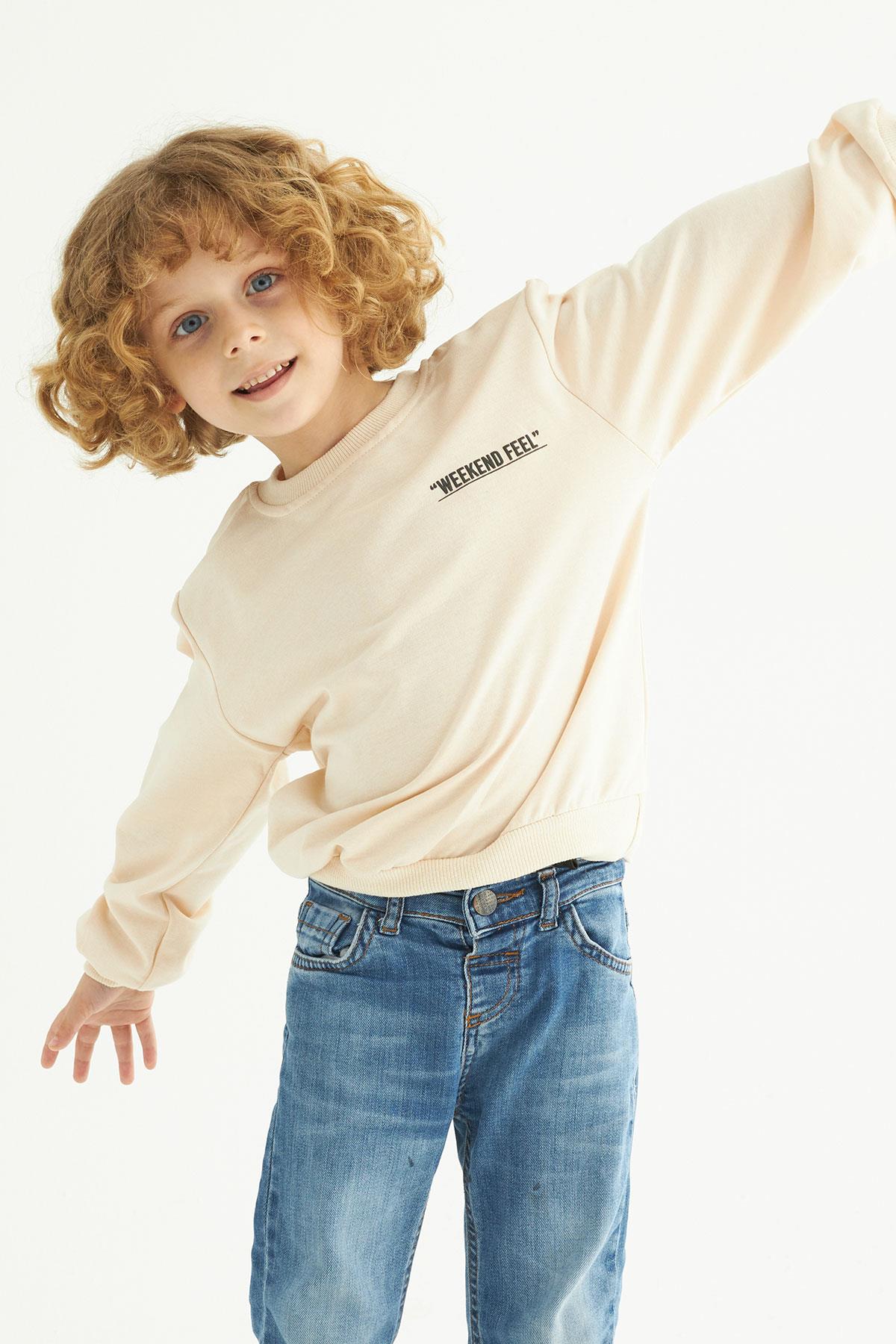 Bisiklet Yaka Uzun Kol Weekend Feel Baskılı Bej Renk Erkek Çocuk Sweatshirt