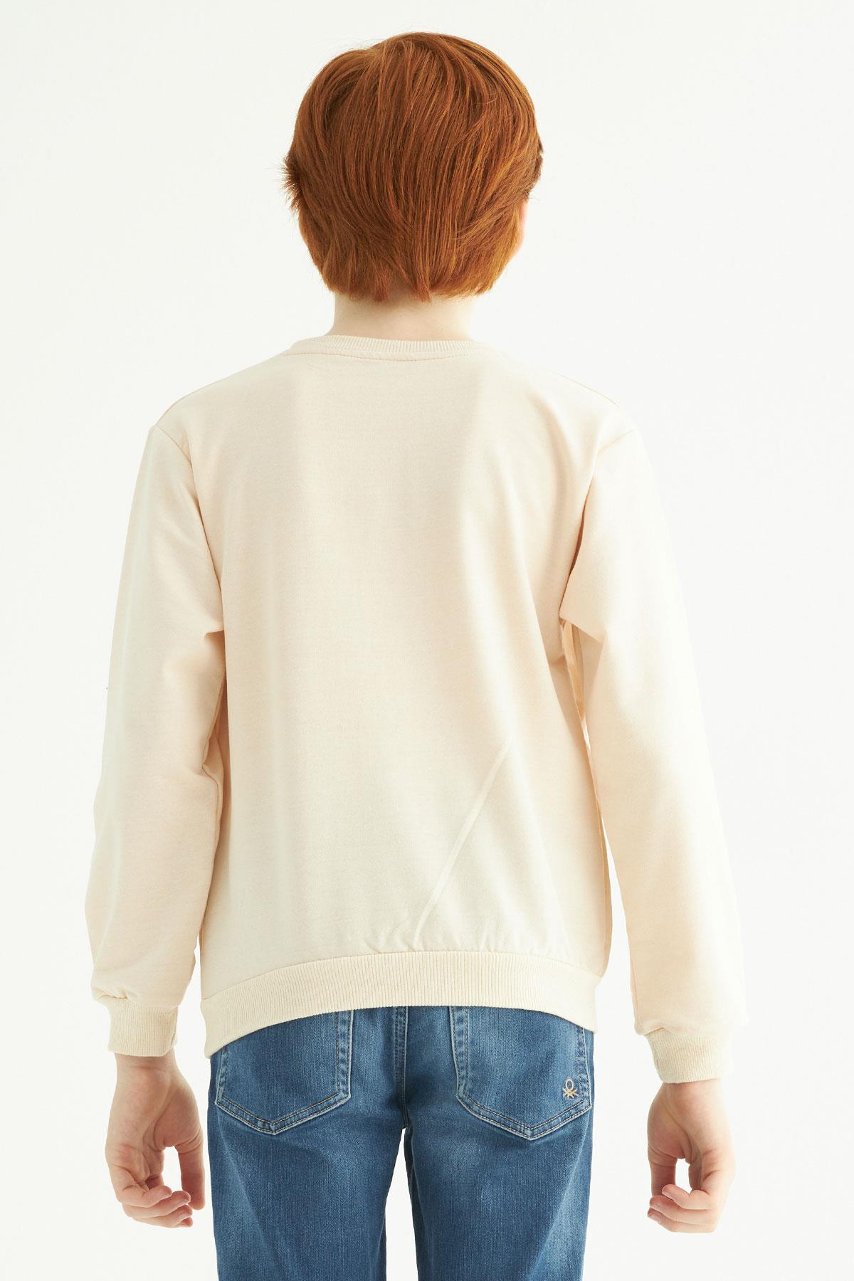 Bisiklet Yaka Uzun Kol Yazı Baskılı Bej Renk Erkek Çocuk Sweatshirt