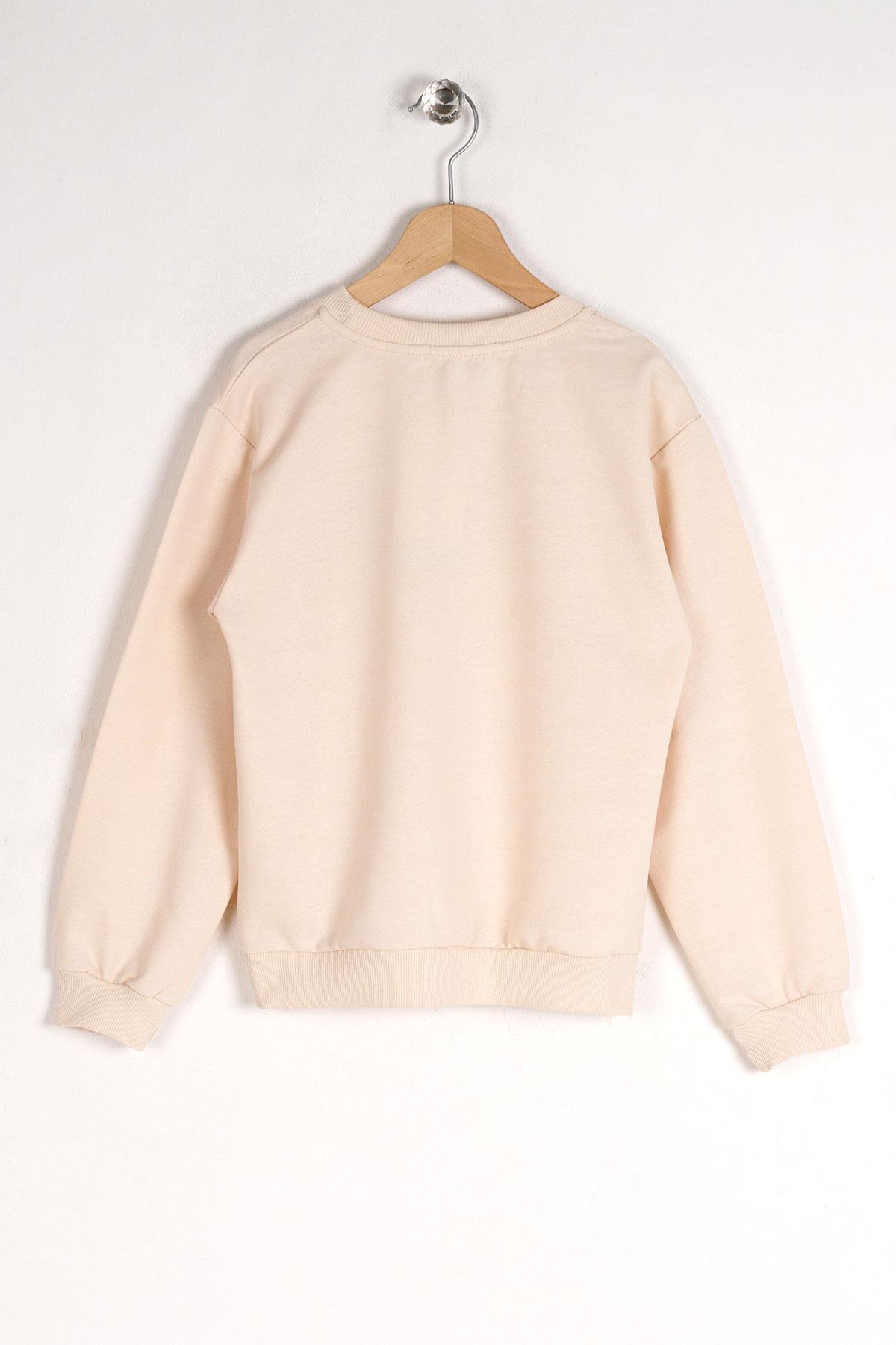 Bisiklet Yaka Uzun Kol Yazı Baskılı Bej Renk Erkek Çocuk Sweatshirt