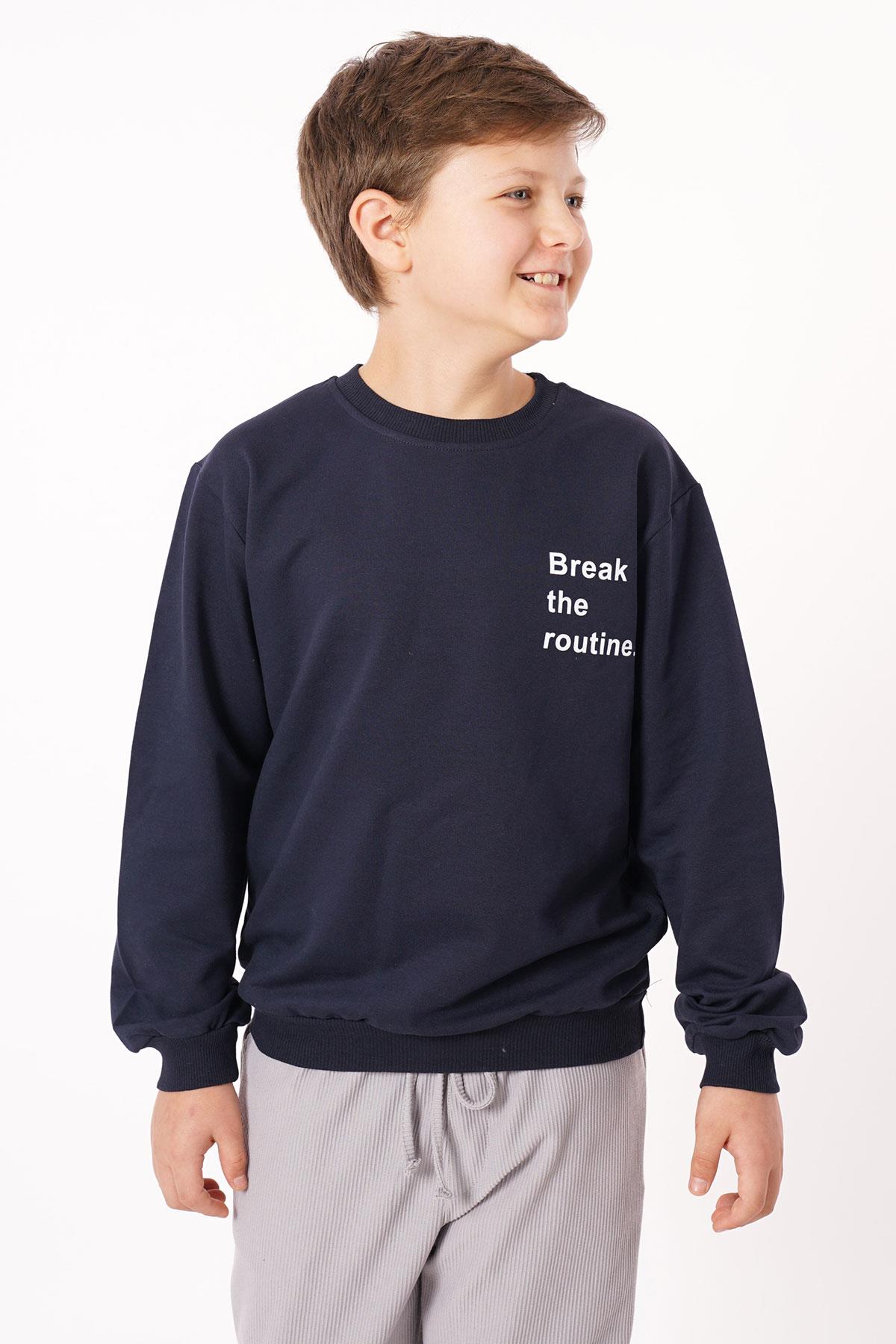 Bisiklet Yaka Uzun Kol Yazı Baskılı Lacivert Renk Erkek Çocuk Sweatshirt