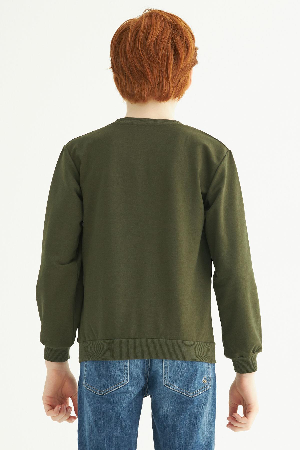 Bisiklet Yaka Uzun Kol Yazı Baskılı Haki Renk Erkek Çocuk Sweatshirt