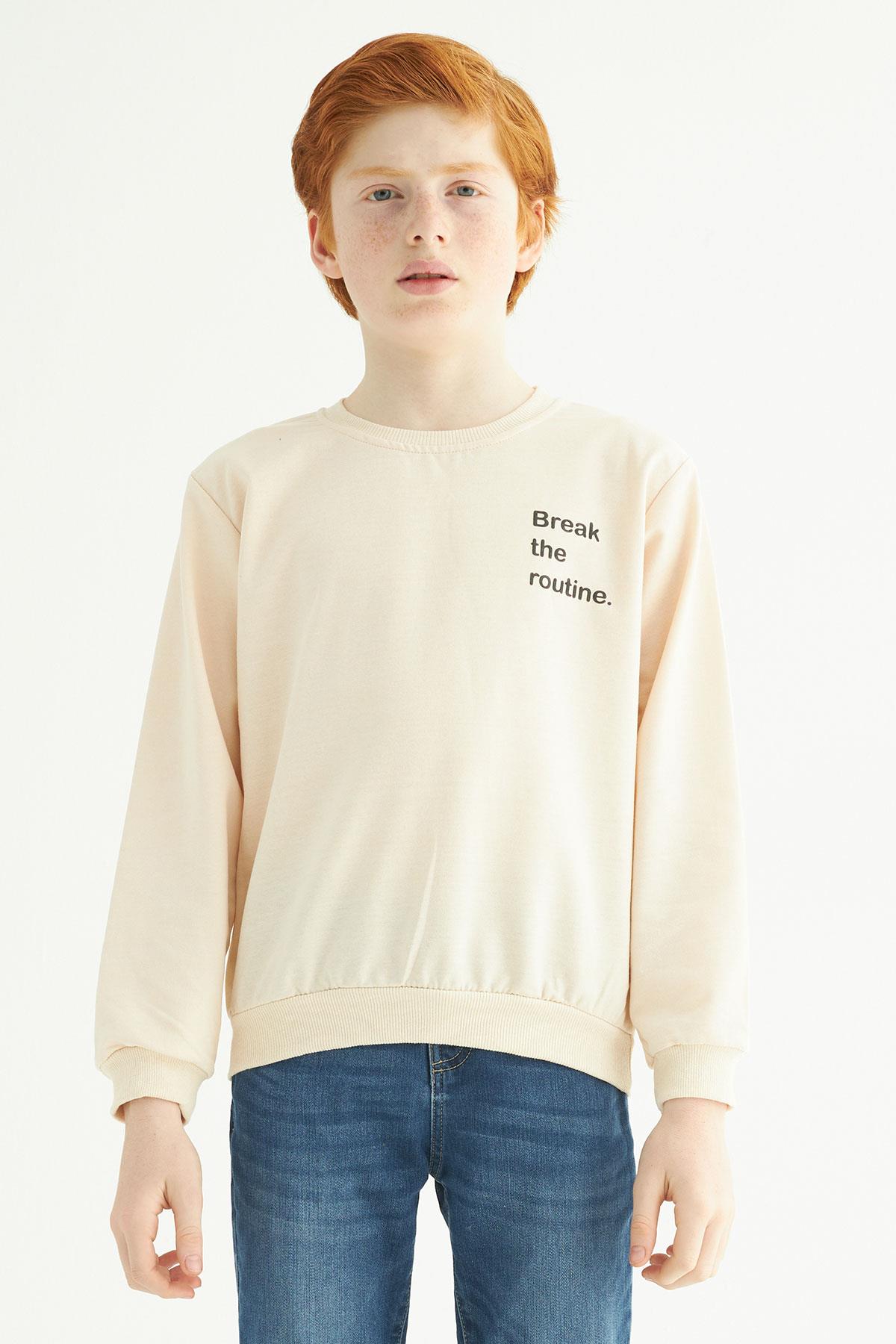 Bisiklet Yaka Uzun Kol Yazı Baskılı Bej Renk Erkek Çocuk Sweatshirt