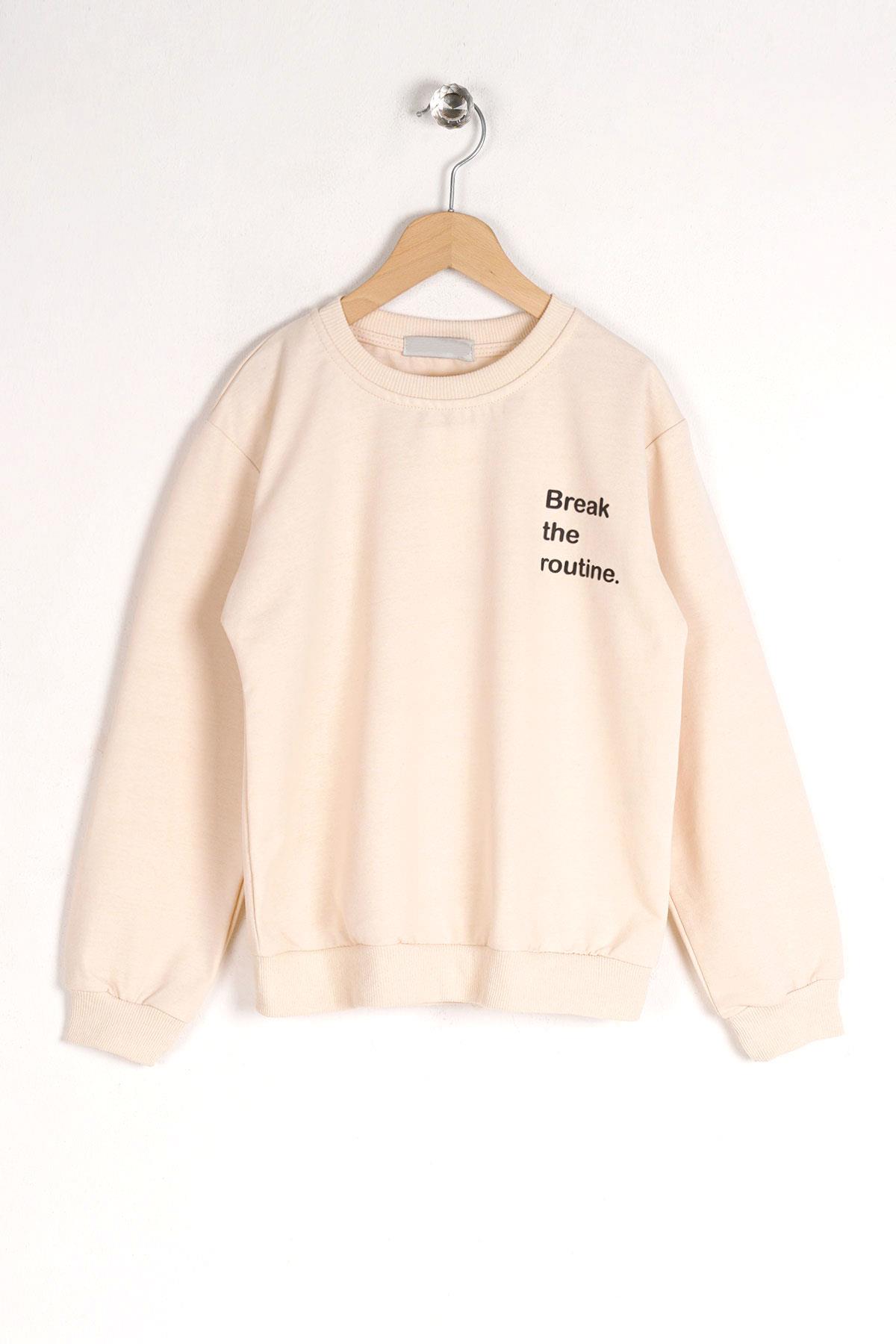 Bisiklet Yaka Uzun Kol Yazı Baskılı Bej Renk Erkek Çocuk Sweatshirt