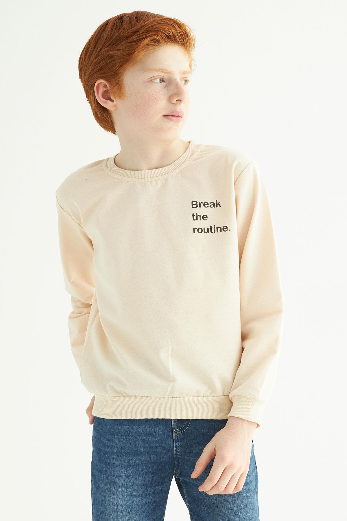 Bisiklet Yaka Uzun Kol Yazı Baskılı Bej Renk Erkek Çocuk Sweatshirt