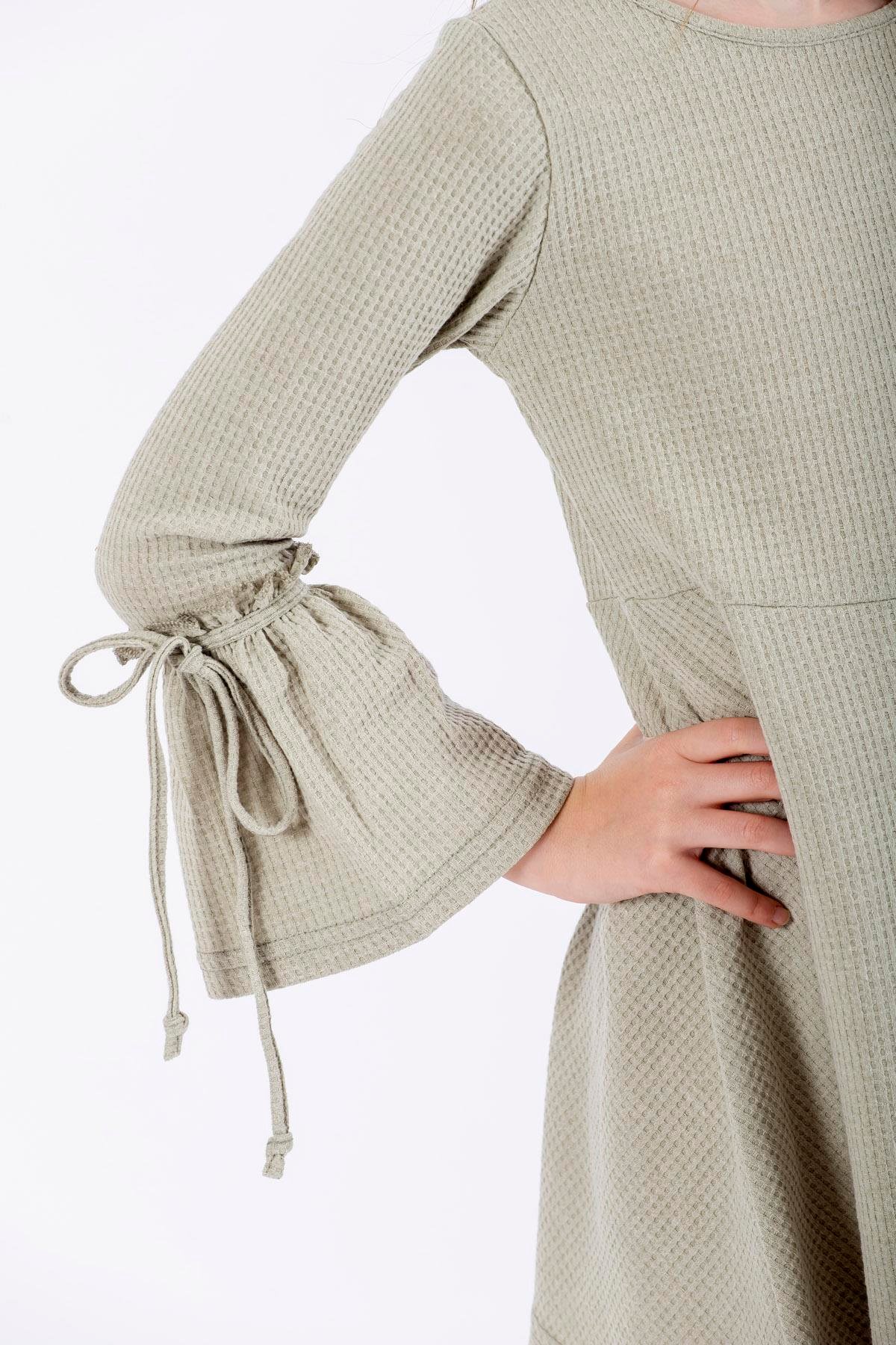 Bisiklet Yaka Uzun Kol Yeşil Renk Kız Çocuk Elbıse