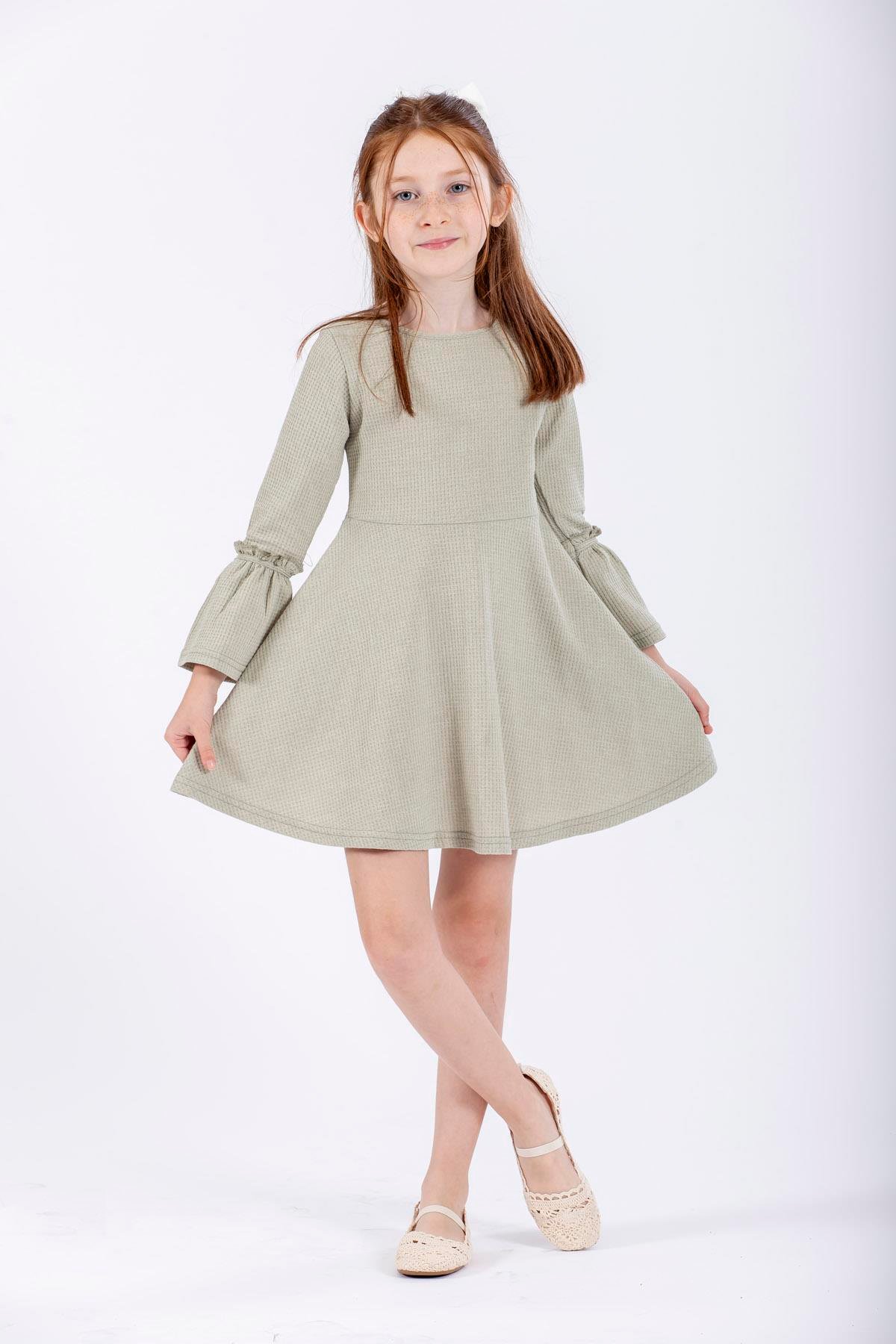 Bisiklet Yaka Uzun Kol Yeşil Renk Kız Çocuk Elbıse