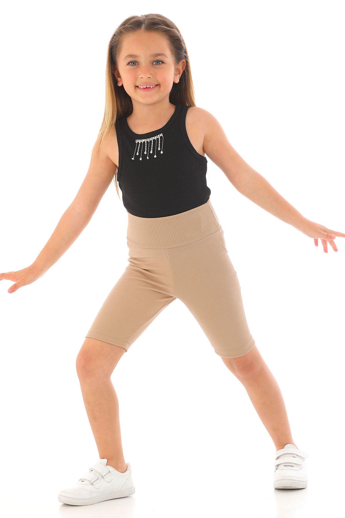 Fıtıllı Bej Renk Kız Çocuk Tayt