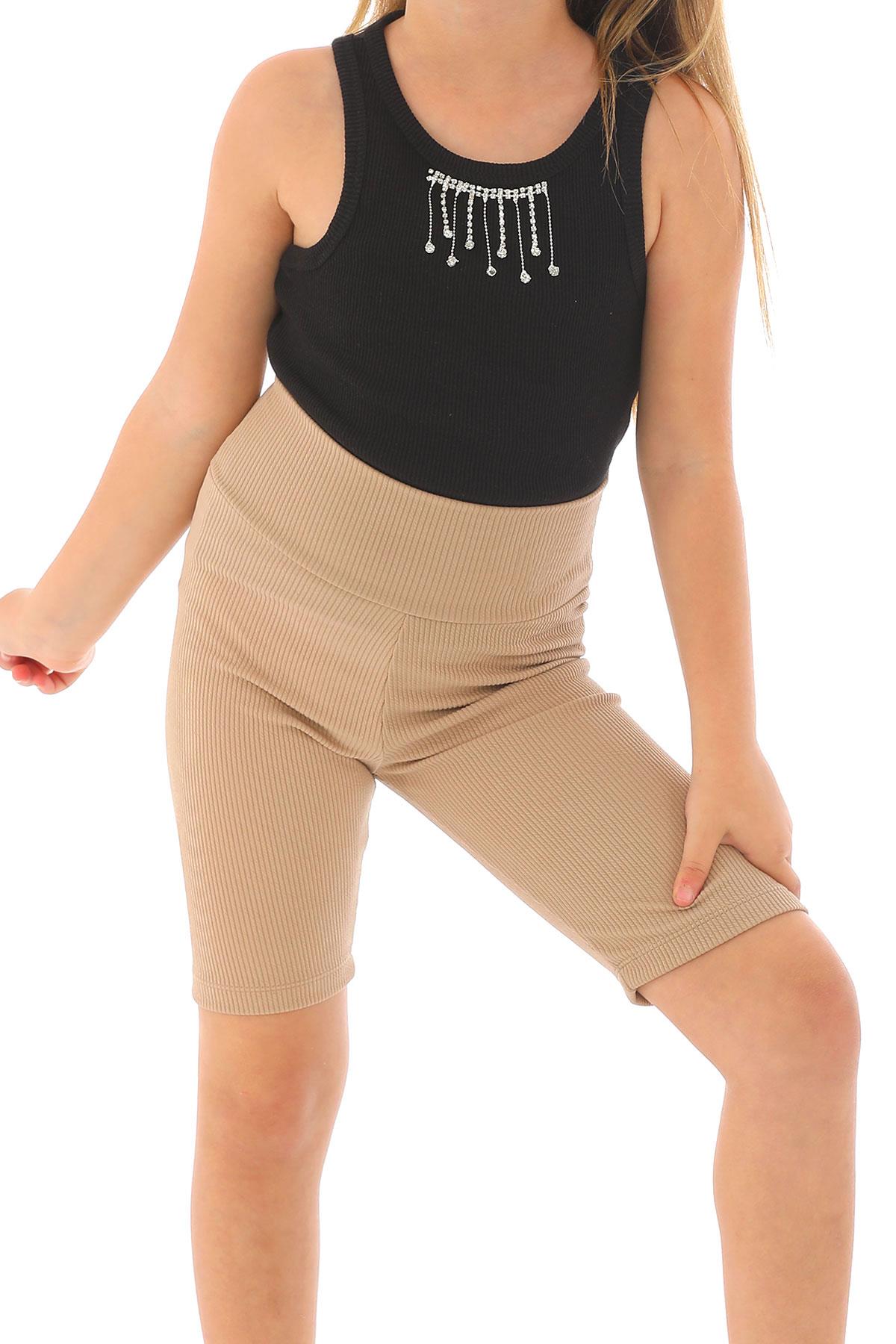 Fıtıllı Bej Renk Kız Çocuk Tayt