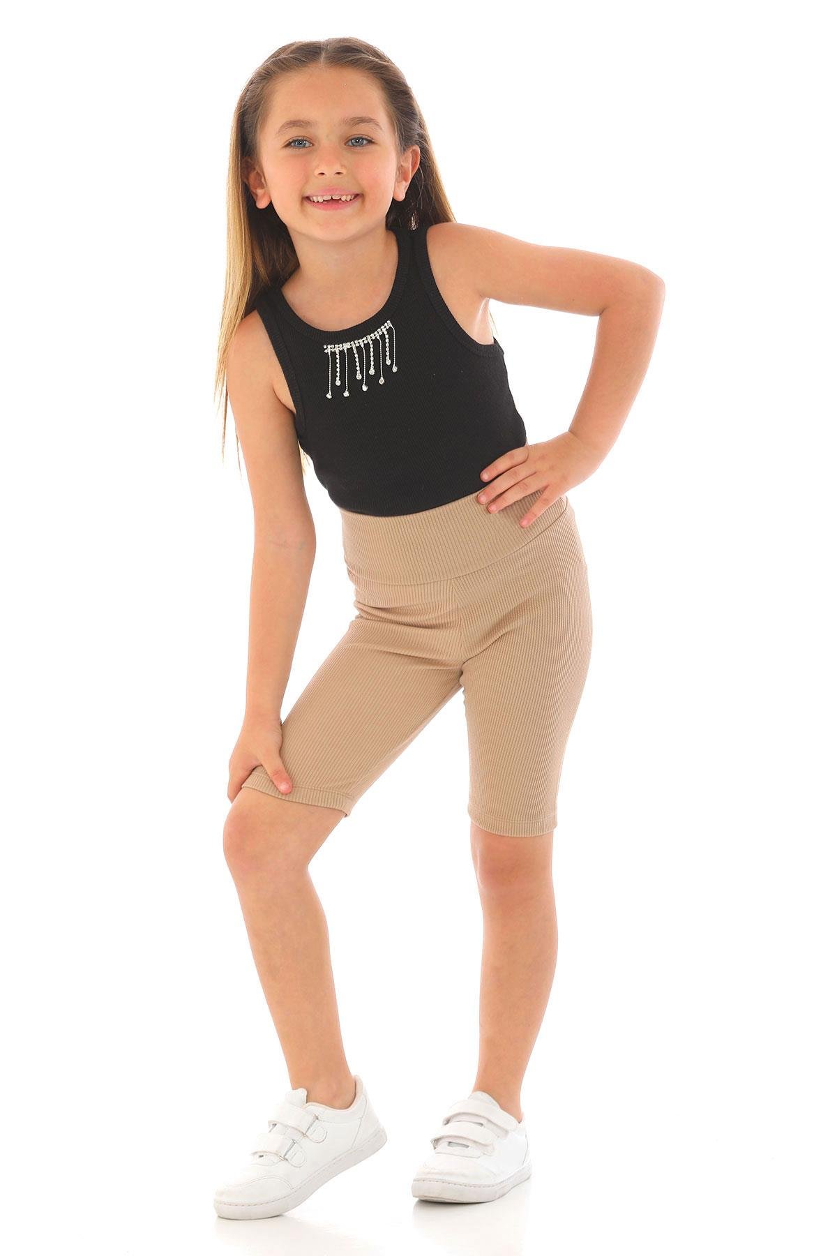 Fıtıllı Bej Renk Kız Çocuk Tayt