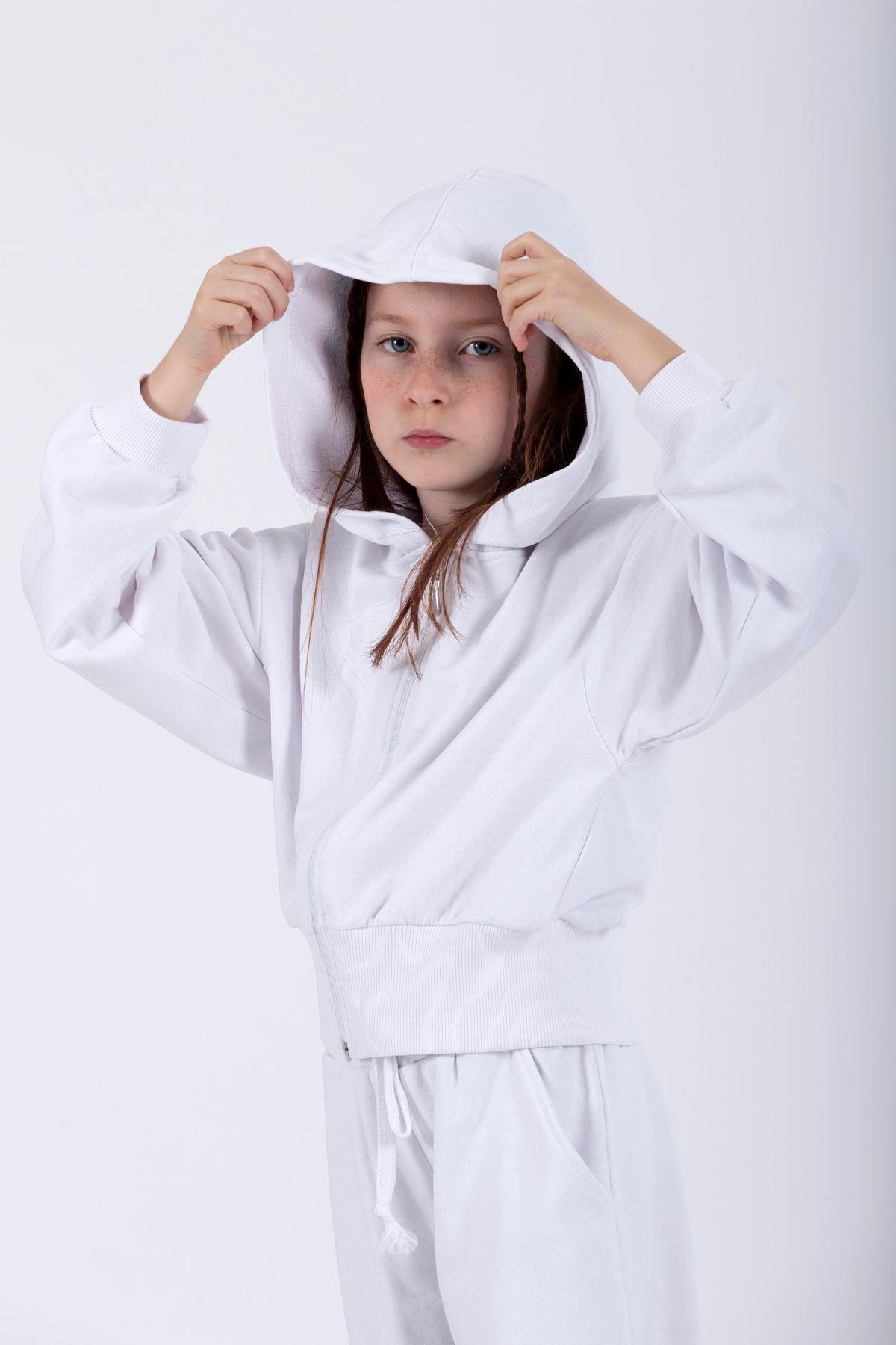 Kapüşonlu Uzun Kol Bol Kesım Beyaz Renk Kız Çocuk Esofman Takım