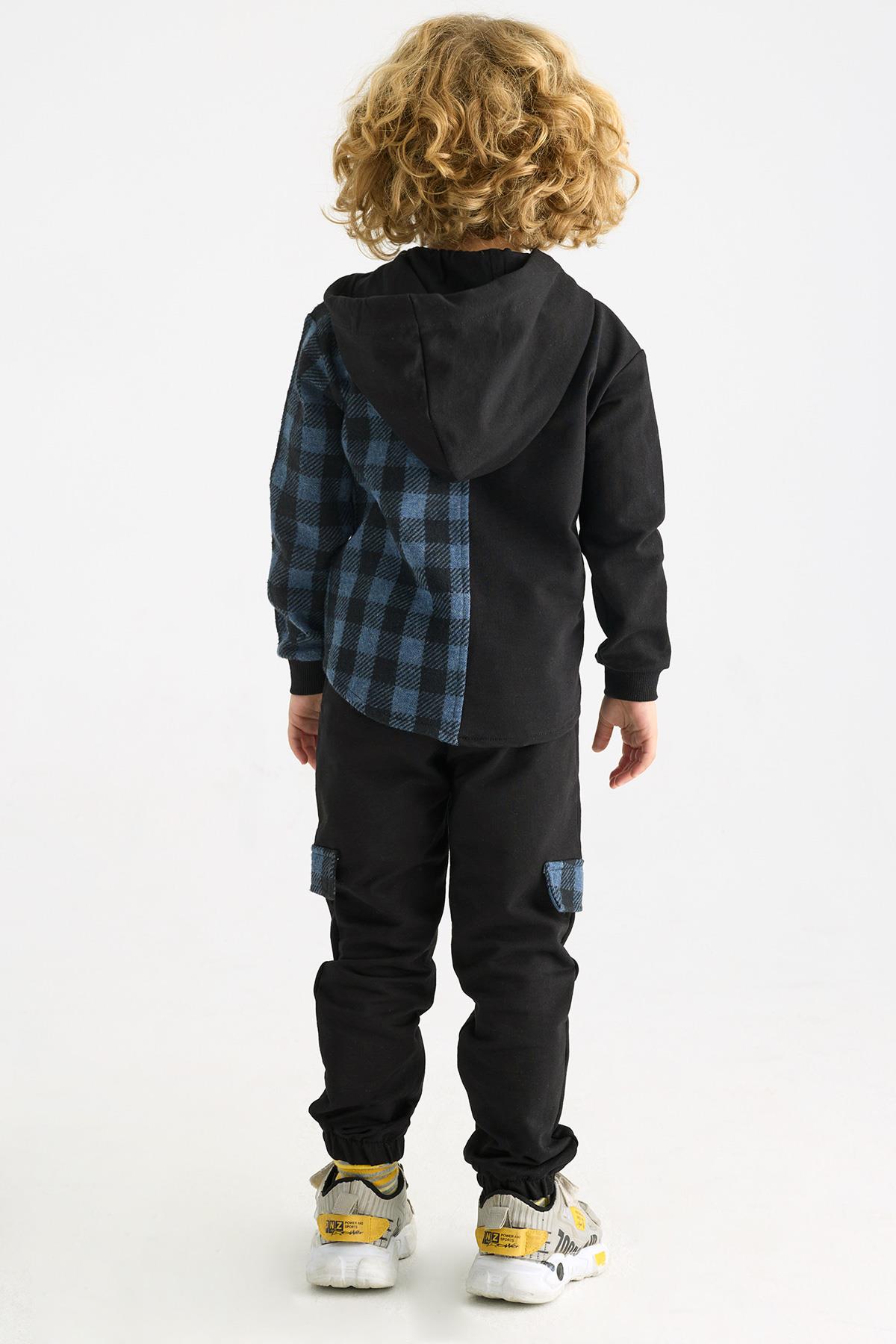 Kapüşonlu Uzun Kol Ekoselı Ceplı Indigo Renk Erkek Çocuk Esofman Takım