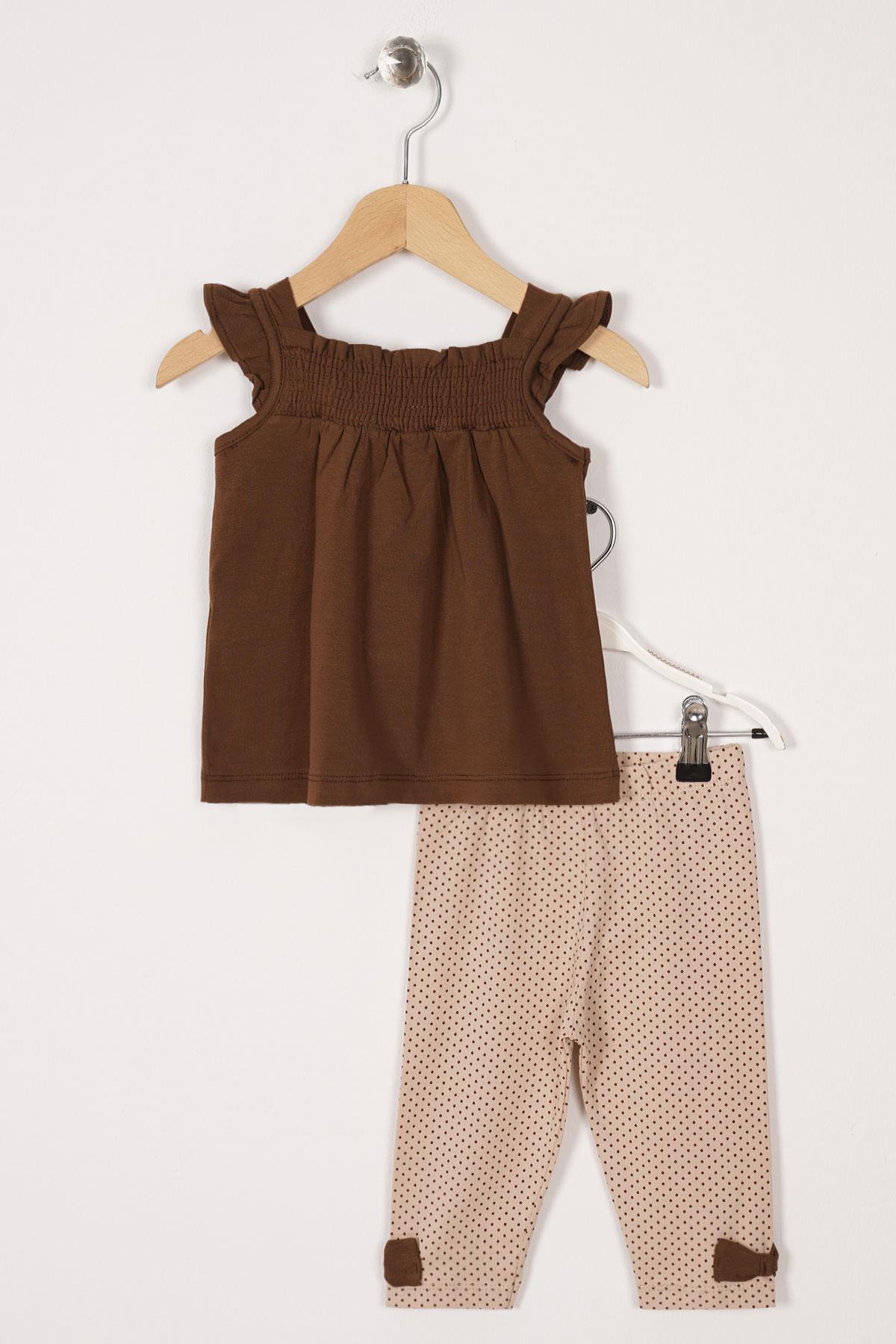 Kare Yaka Fırfır Kol Puantiyeli Kahverengi Bej Renk Kız Çocuk Taytlı Takım