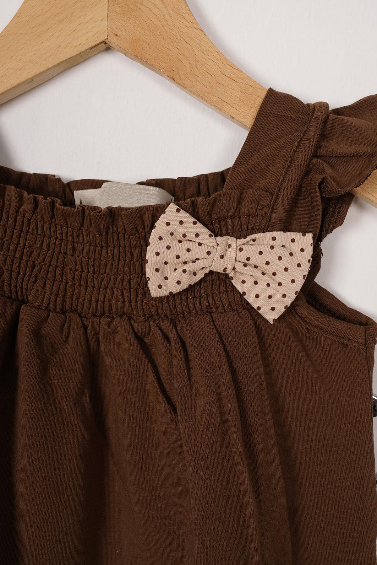 Kare Yaka Fırfır Kol Puantiyeli Kahverengi Bej Renk Kız Çocuk Taytlı Takım