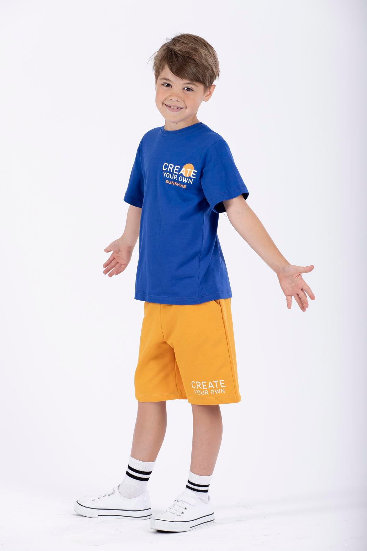 Yazı Baskılı Saks Renk Erkek Çocuk Kaprili Takım