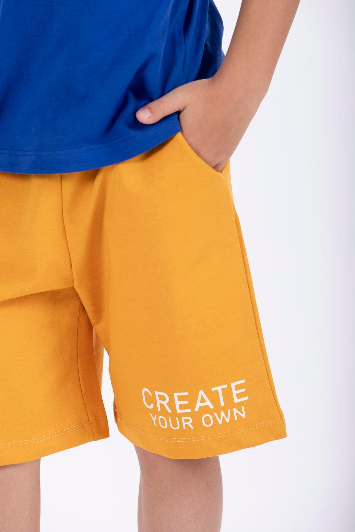 Yazı Baskılı Saks Renk Erkek Çocuk Kaprili Takım