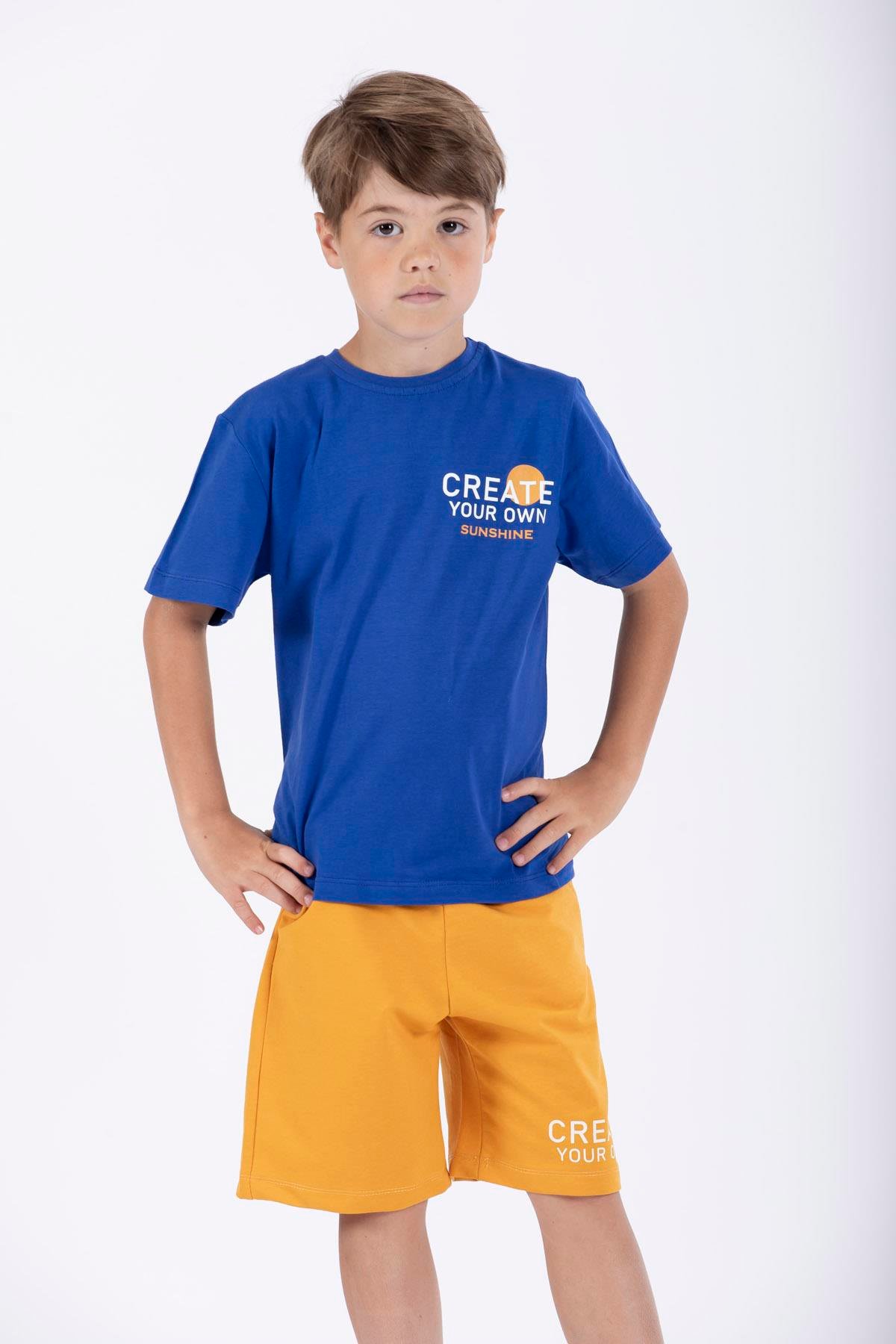 Yazı Baskılı Saks Renk Erkek Çocuk Kaprili Takım