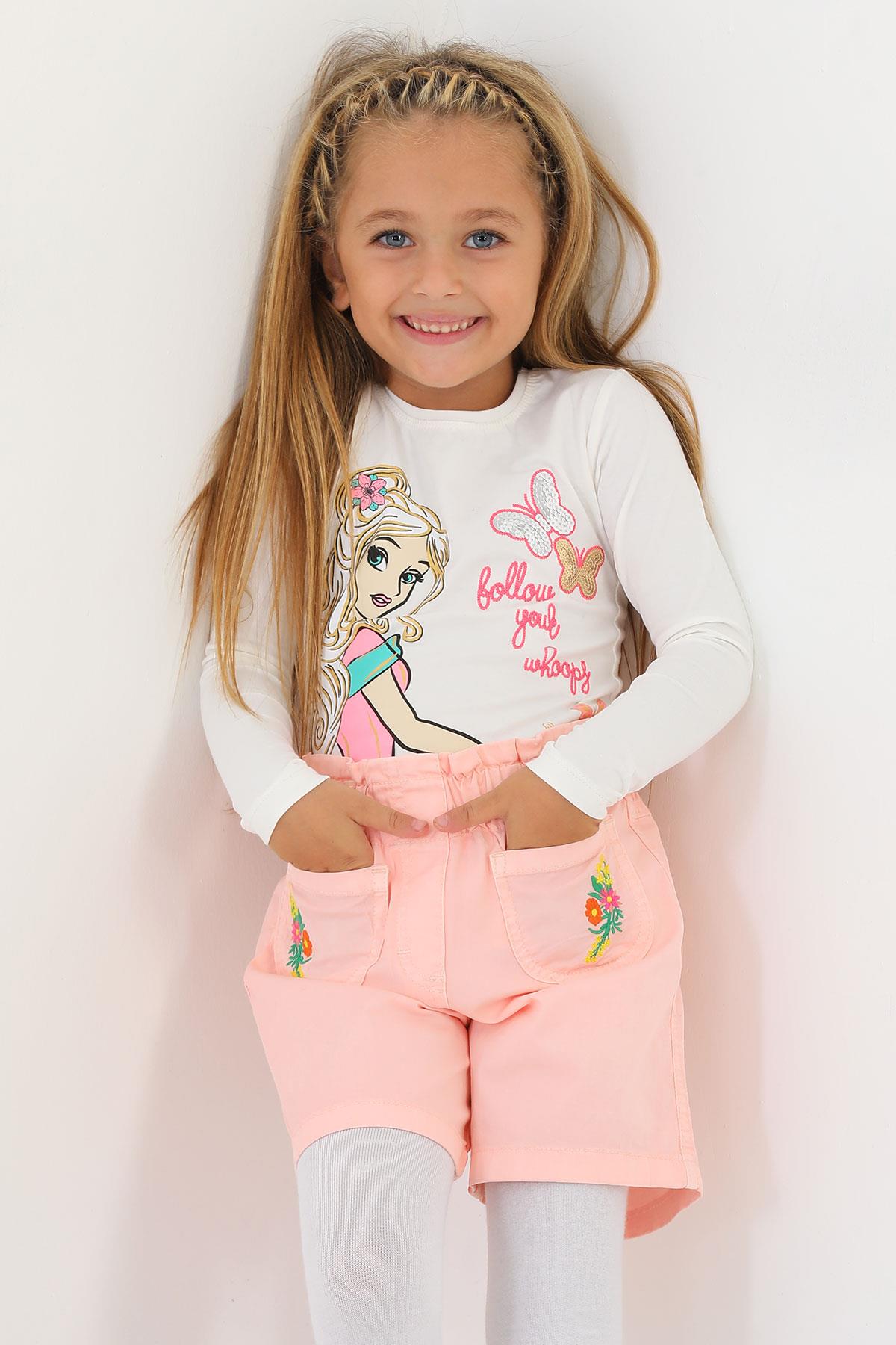 622626 KIZ 3-7 YAŞ CEPLERİ ÇİÇEK NAKIŞLI ŞORT